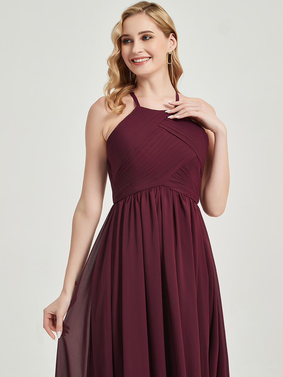 Elegant Dark Navy Halter Pleated Keyhole Back Chiffon Maxi Bridesmaid Dress for Weddings & Formal Events - Perfect for Summer Beach Weddings, Evening Galas, and Special Occasions