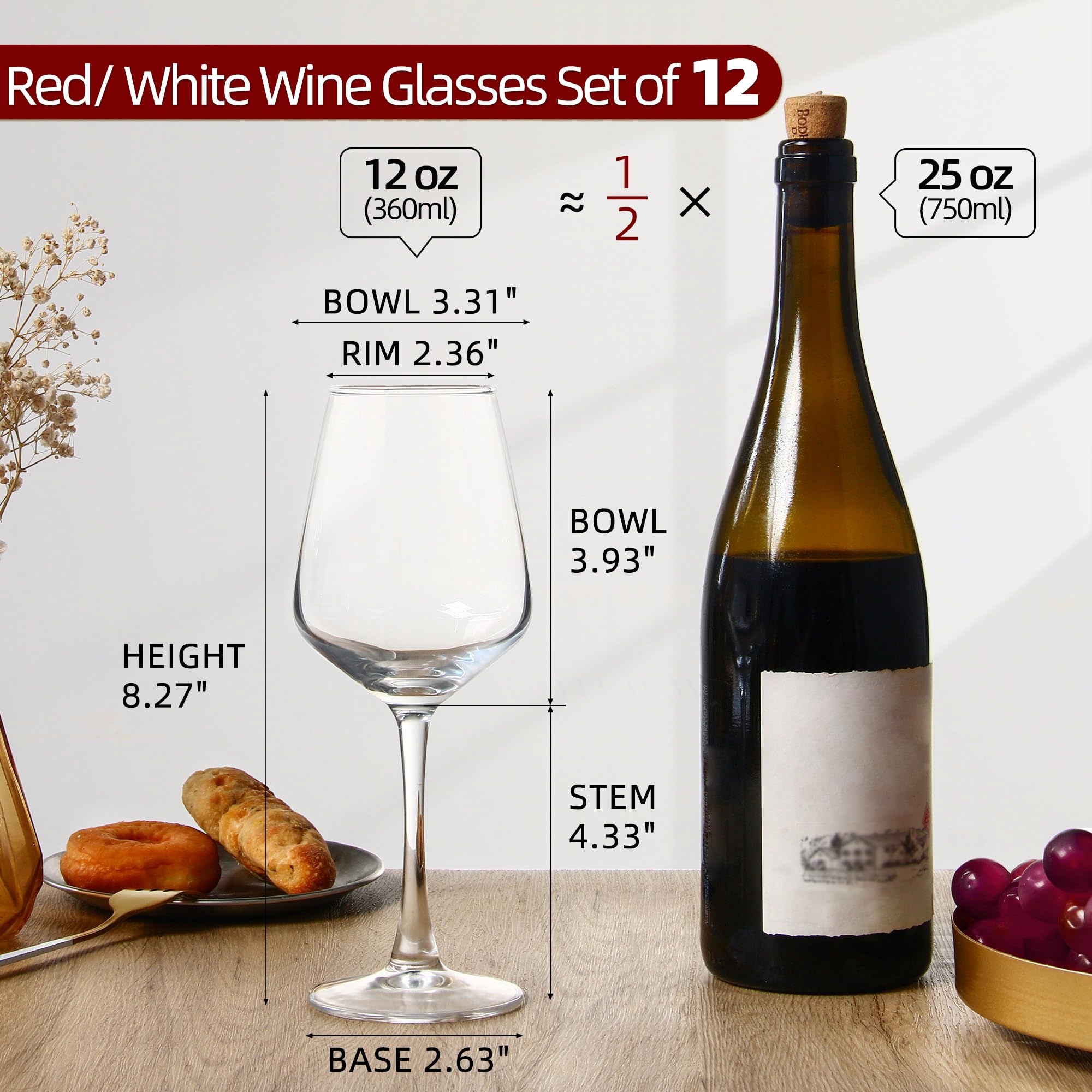 12-Piece Wine Glasses Set - 12oz Clear Red & White Wine Glasses with Long Stem - Elegant Glassware for Parties, Weddings, Home Dining & Gifts - Perfect for Wine Tasting, Dinner Parties & Romantic Evenings