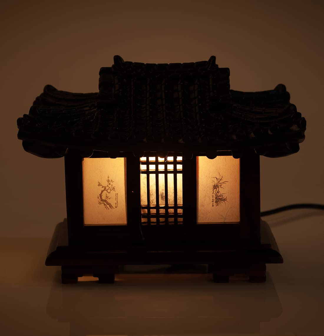 Handmade Antique Korean Hanok Pagoda Table Lamp - Traditional Wood Carved Art Deco Lantern for Bedroom, Living Room & Office Decor - Asian Inspired Brown Oriental Lighting with Pavilion Design