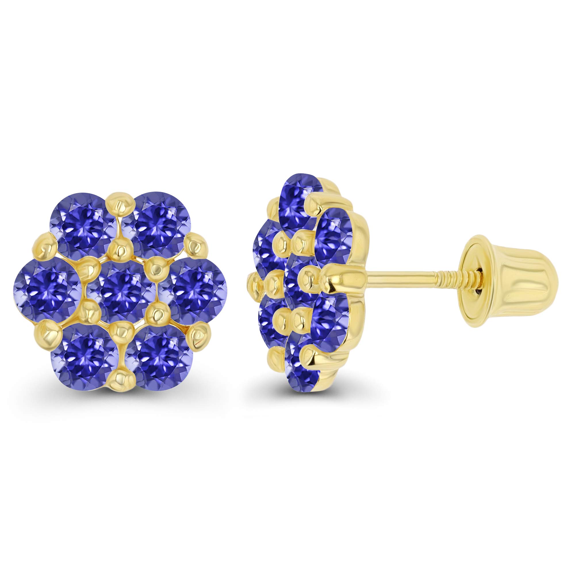 14K Solid Gold 8mm Cluster Natural Birthstone Flower Screwback Stud Earrings for Women | Round 2.50mm Birthstone | Dainty Floral Earrings for Everyday Wear, Gifts & Special Occasions