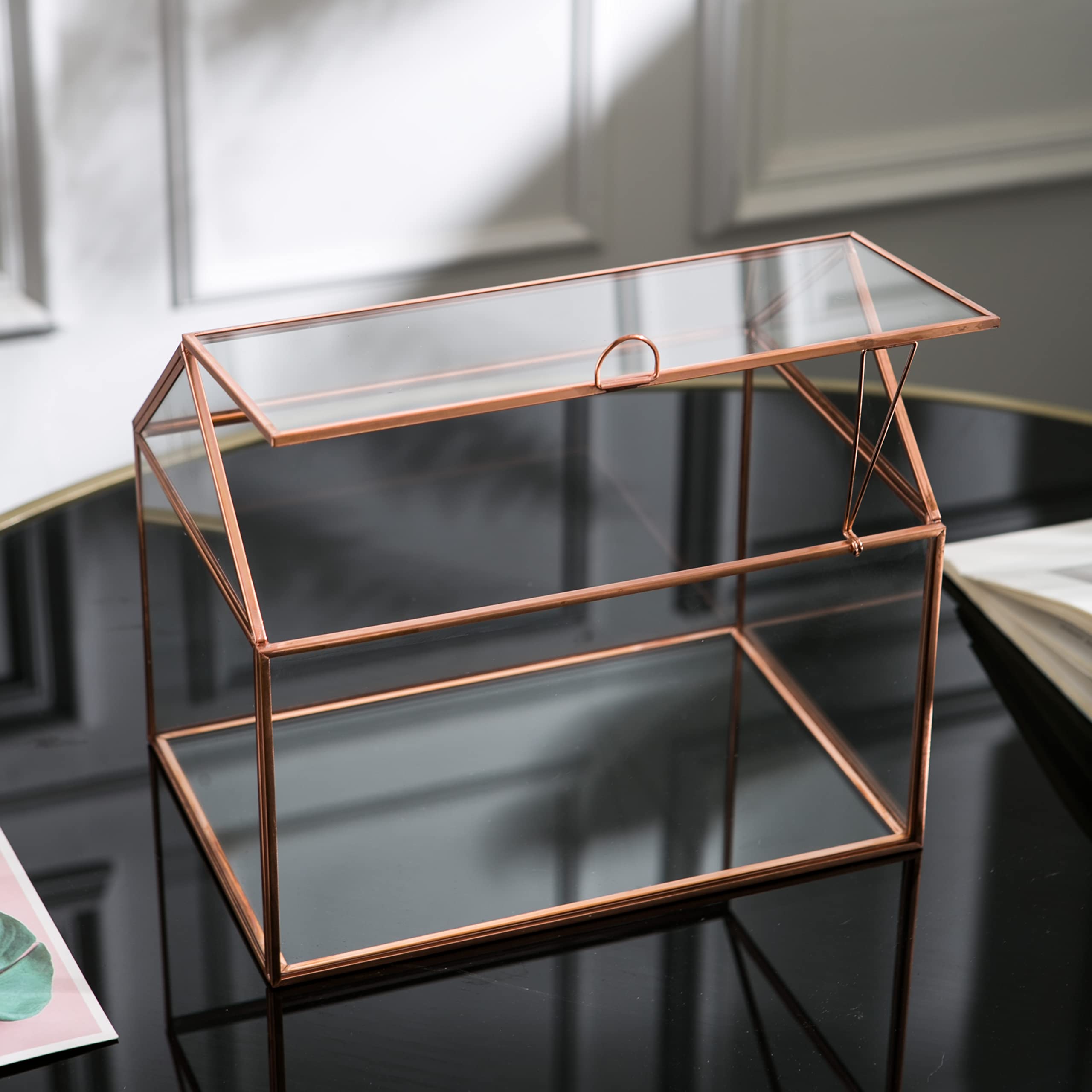 Rose Gold Geometric Glass Terrarium with Swing Lid - House Shape Tabletop Planter for Succulents, Air Plants, Moss & Ferns - Perfect for Home Decor, Office Desk & Reptile Habitat