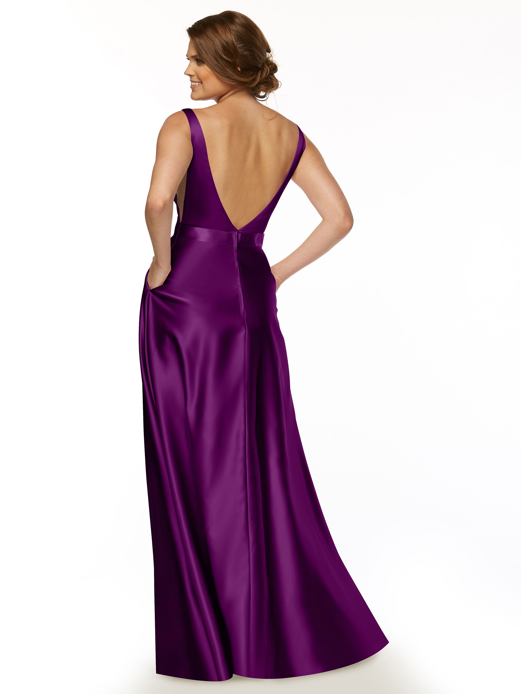 Elegant 80118 Satin A-Line Bridesmaid Dress with V-Neckline & Sash - Perfect for Weddings, Formal Events & Special Occasions
