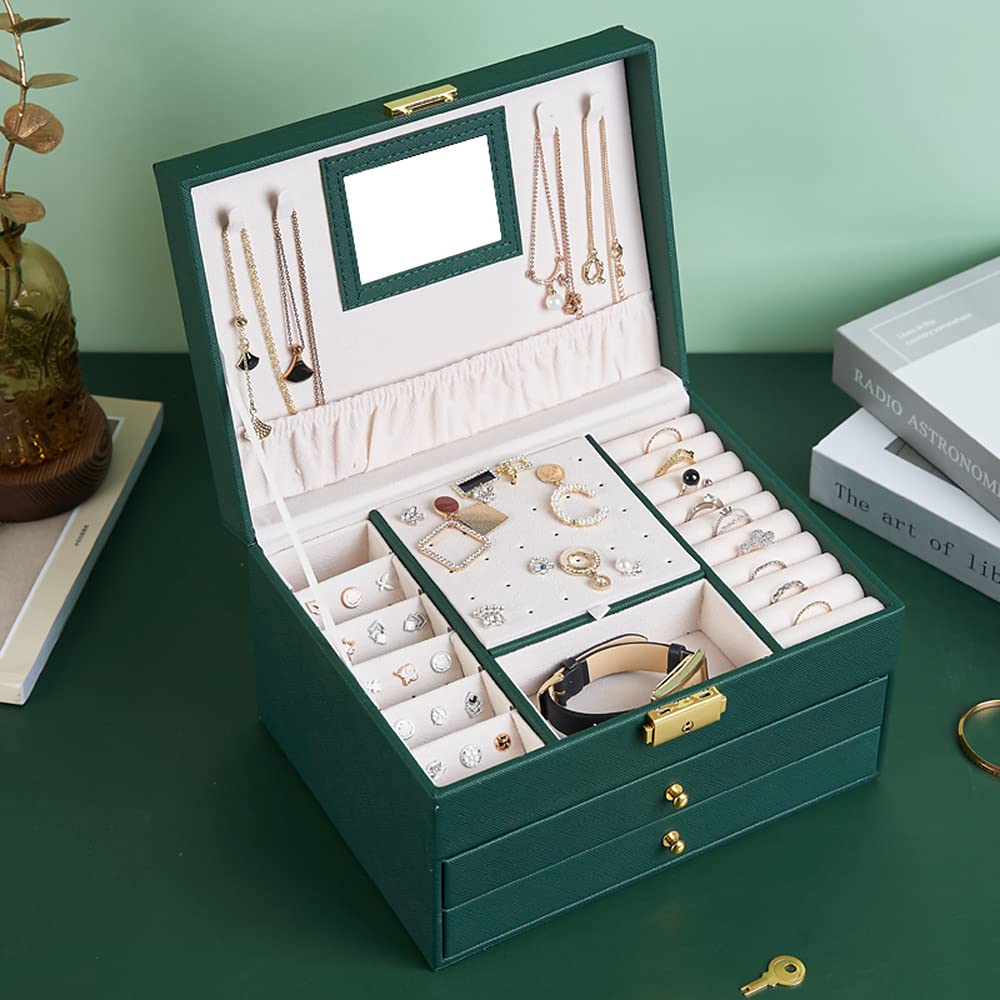 3-Layer Large Jewelry Box for Women with 2 Lockable Drawers - Premium Jewelry Storage Organizer for Necklaces, Rings & Earrings - Perfect for Bedroom, Closet & Travel Use