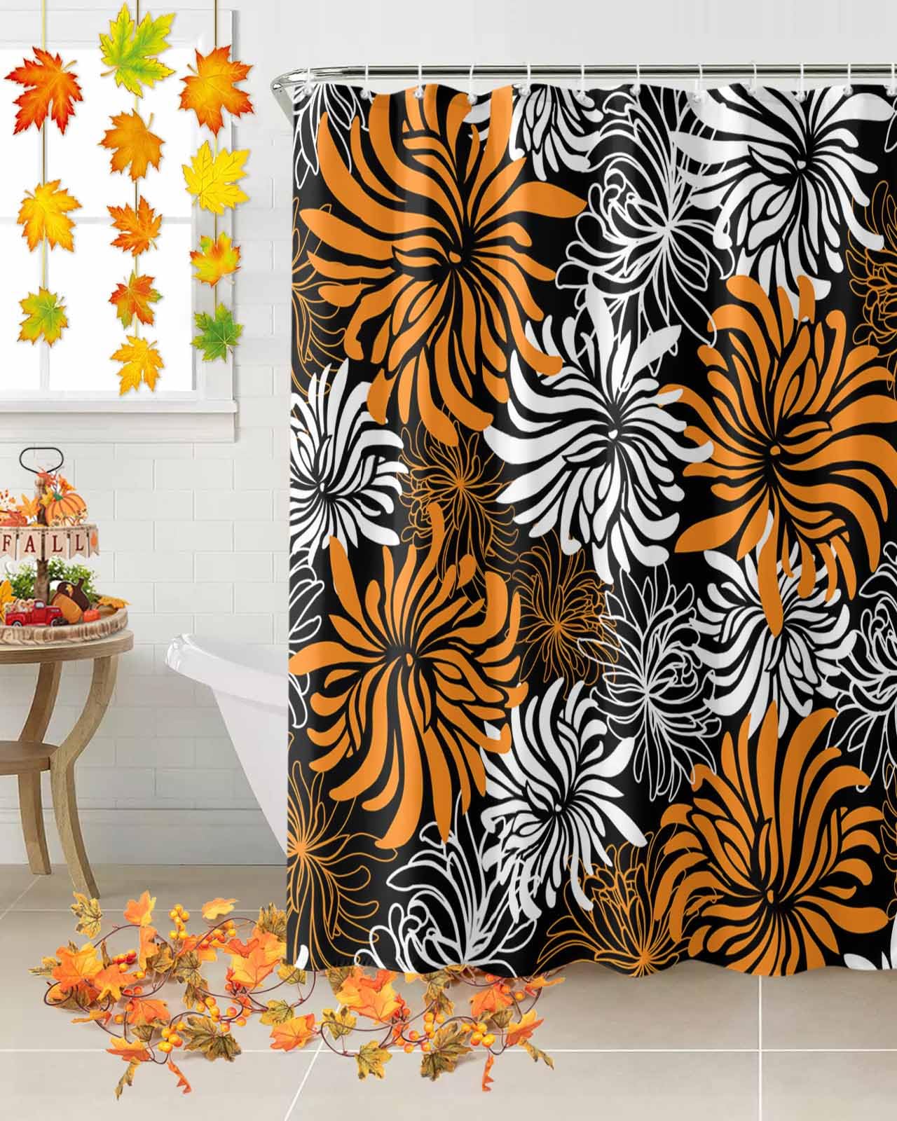 Waterproof Floral Chrysanthemum Shower Curtain Set with Hooks - 66x72 Inch Bathroom Decor for Bathtub & Shower - Perfect for Home, Apartment, and Hotel Use