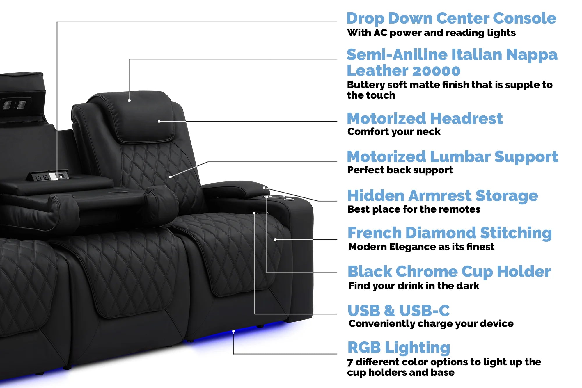 Valencia Oslo Luxury 5-Seater Home Theater Seating with Drop-Down Center Console - Premium Onyx Upholstery for Ultimate Movie Nights & Entertainment Rooms