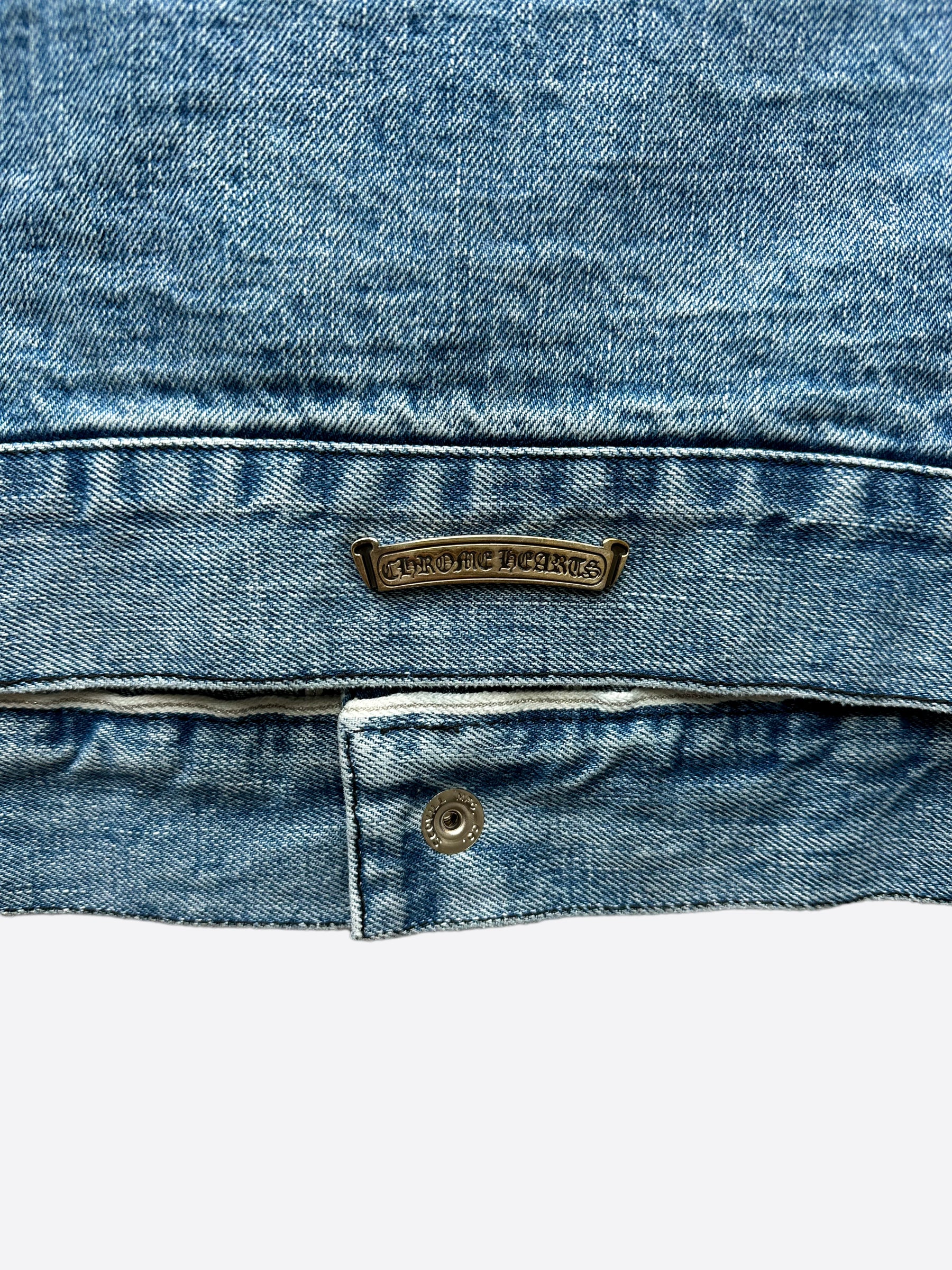 Chrome Hearts Blue Denim Jacket for Men & Women | Vintage Distressed Denim Jacket with Cross Logo | Perfect for Streetwear, Casual Outfits & Fashion Statements