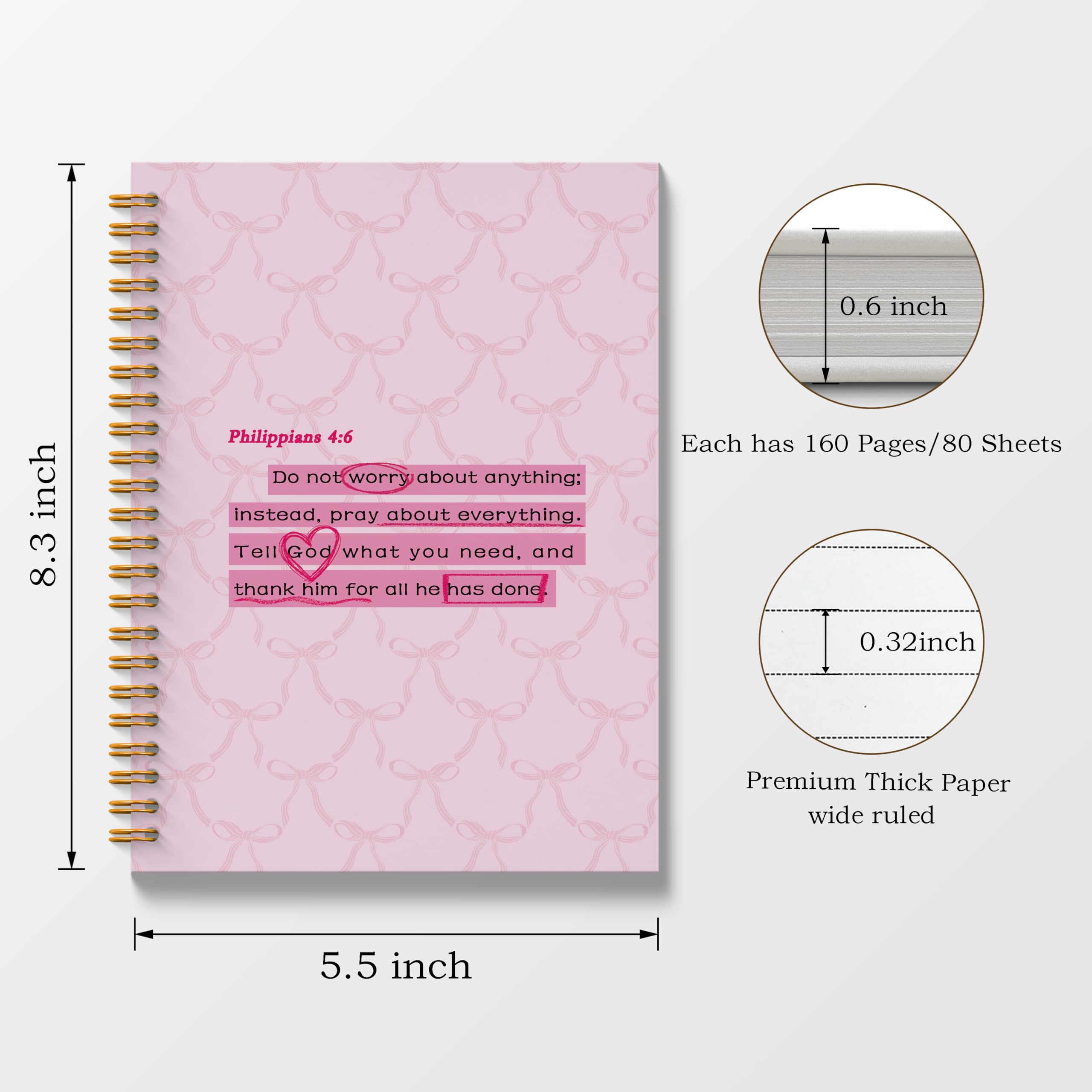 Bible Journaling Spiral Notebook 5.5x8.3 Inches - Pink Bow Christian Notebook with Philippians 4:6 Verse, Inspirational Gift for Women | Perfect for Scripture Study, Prayer Journaling & Faith-Based Reflection