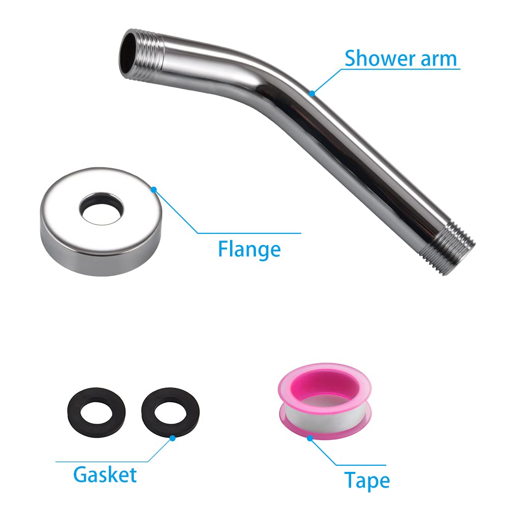 Stainless Steel Shower Arm with Flange & Tape - 8 Inch Chrome Shower Head Extension Arm for Wall-Mounted Fixed Shower Heads | Perfect for Bathroom Renovation & Space-Saving Shower Solutions