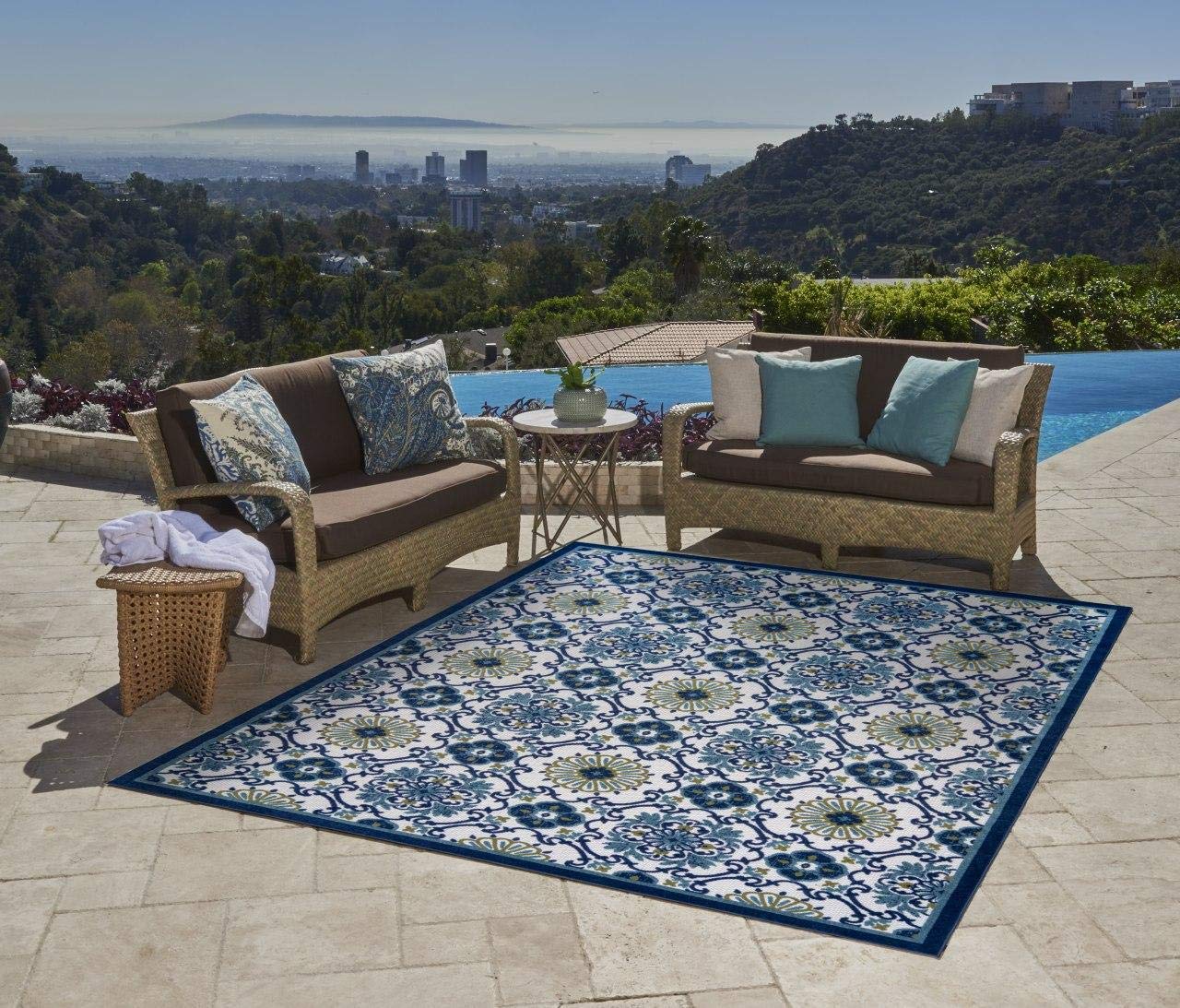 Gertmenian Indoor Outdoor Rug 6x9 - Textured Patio Carpet with Abstract Floral Medallion Design in Blue - Perfect for Porch, Deck, Garden & Sunroom Decor