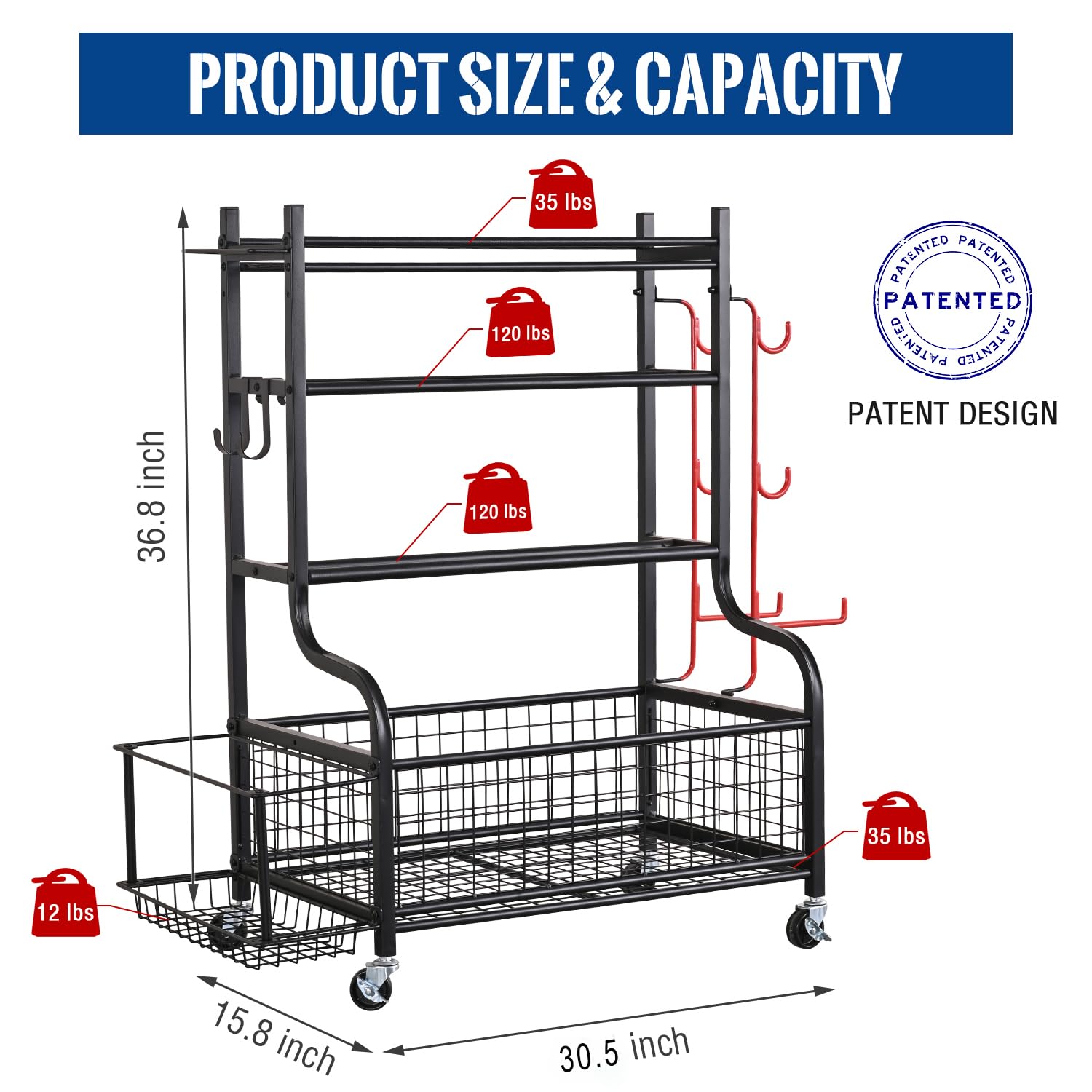 Mythinglogic Adjustable Dumbbell Rack with Wheels - Heavy Duty Home Gym Storage Organizer for Dumbbells, Kettlebells & Yoga Mats - Space Saving Workout Equipment Rack with Hooks - Perfect for Garage, Basement & Home Fitness Rooms