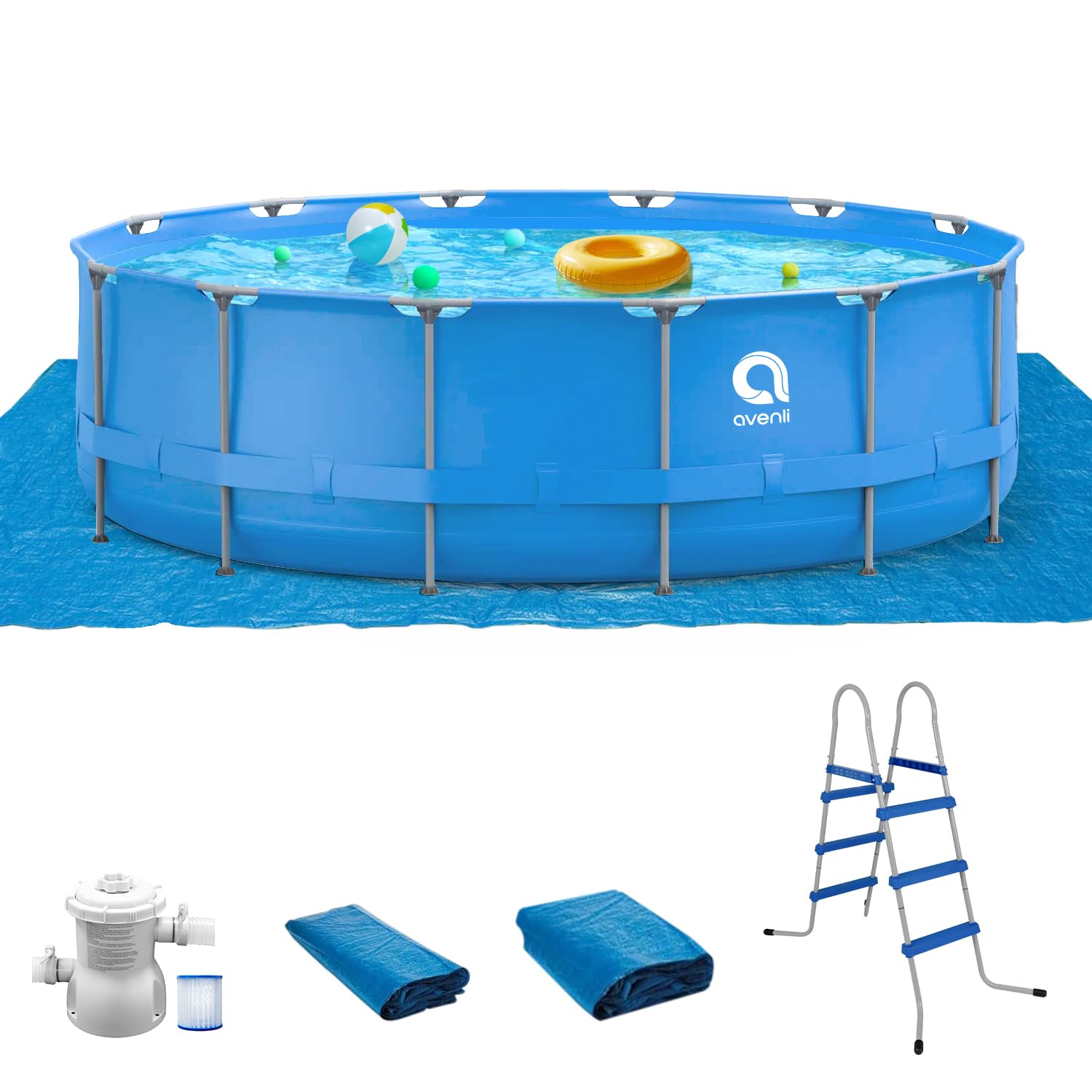 15FT x 36IN Metal Frame Above Ground Swimming Pool with 530GAL Filter Pump - Family Size Round Outdoor Pool Includes Ladder, Cover & Ground Cloth - Perfect for Backyard Summer Fun, Water Play & Outdoor Gatherings