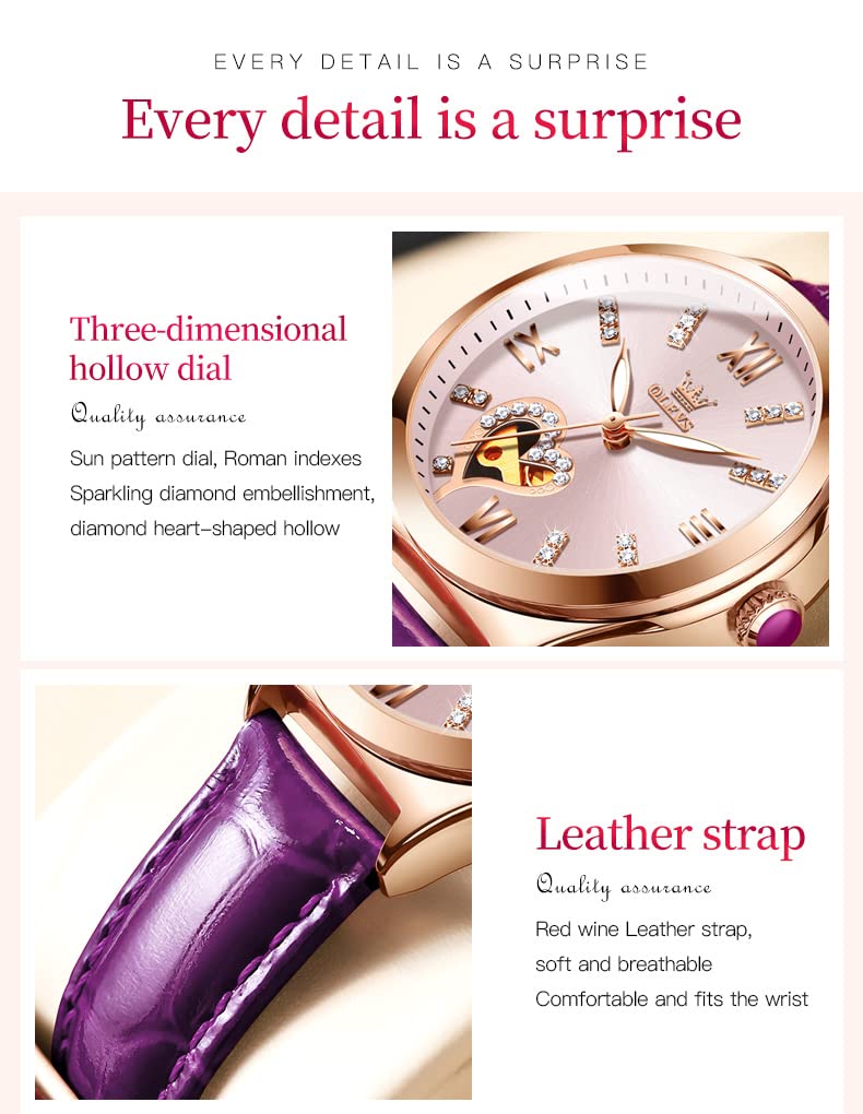 OLEVS Automatic Women's Watches - Luxury Diamond Dial Ladies Watch with Genuine Leather Strap, Self-Winding Mechanical Movement, 50M Waterproof - Perfect for Business, Party & Everyday Wear