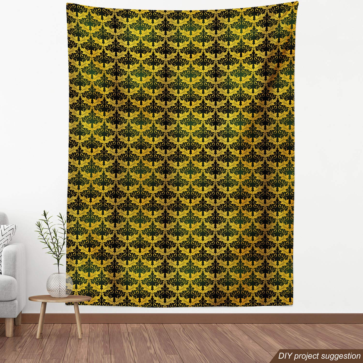 Ambesonne Yellow Damask Fabric by The Yard - Renaissance Inspired Wave Leaf Pattern Upholstery Material (10 Yards, Dark Green/Yellow) for Sofa Reupholstery, Curtains & Home Decor Projects