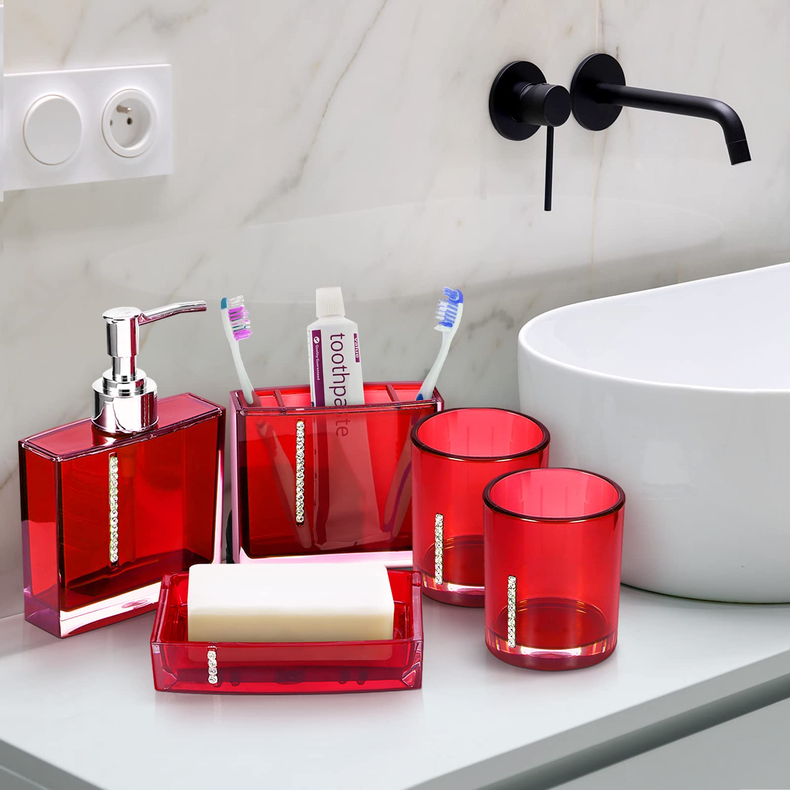 5-Piece Acrylic Bathroom Accessory Set - Toothbrush Holder, Cup, Soap Dispenser, Toilet Brush & Trash Can - Modern Bathroom Decor for Home & Hotel Use