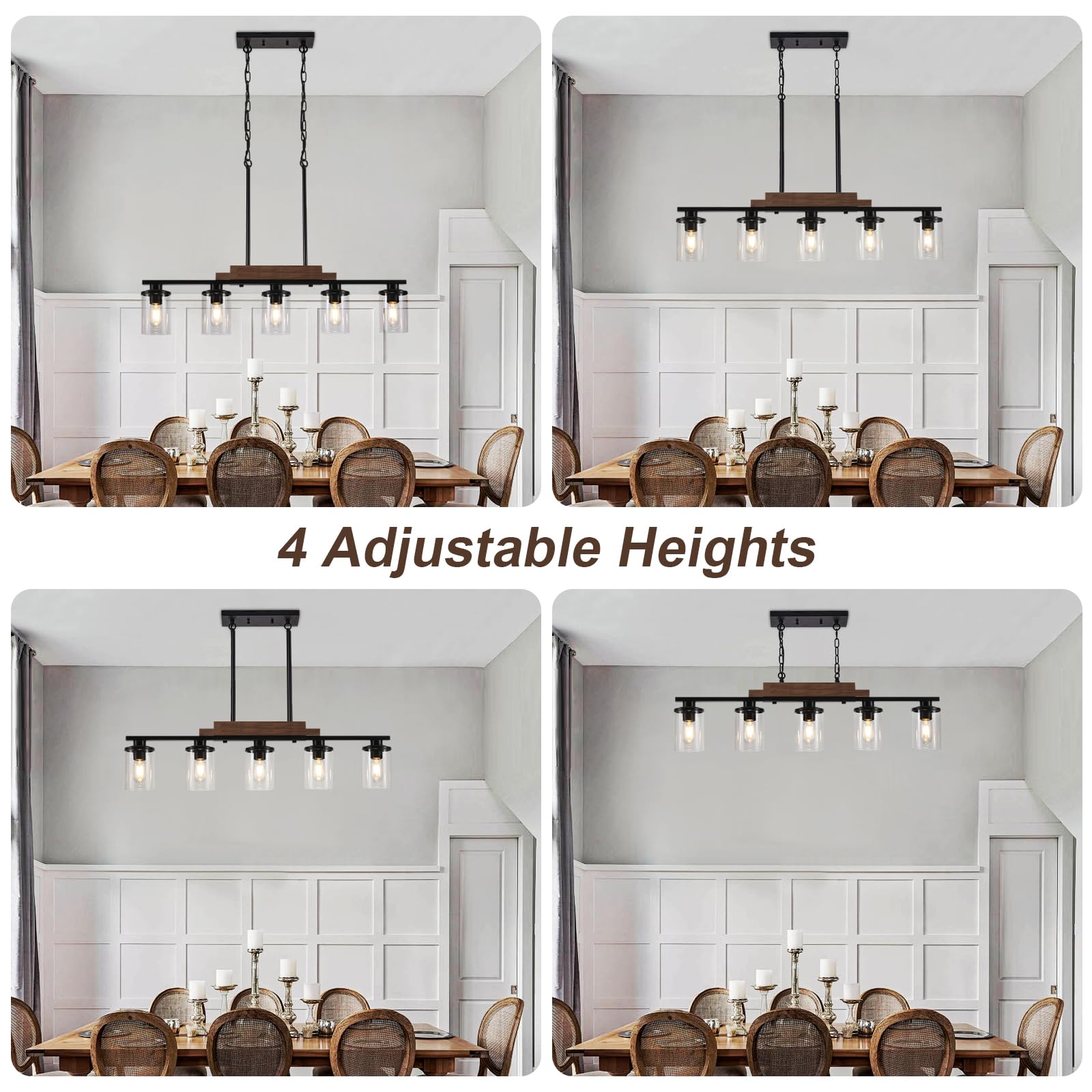 Modern Farmhouse 5-Light Linear Chandelier - Adjustable Height Kitchen Island Lighting with Clear Glass Shades, Rustic Wood Dining Room Light Fixture for Farmhouse, Industrial & Contemporary Decor (Perfect Over Dining Tables, Kitchen Islands & Open Concept Spaces)