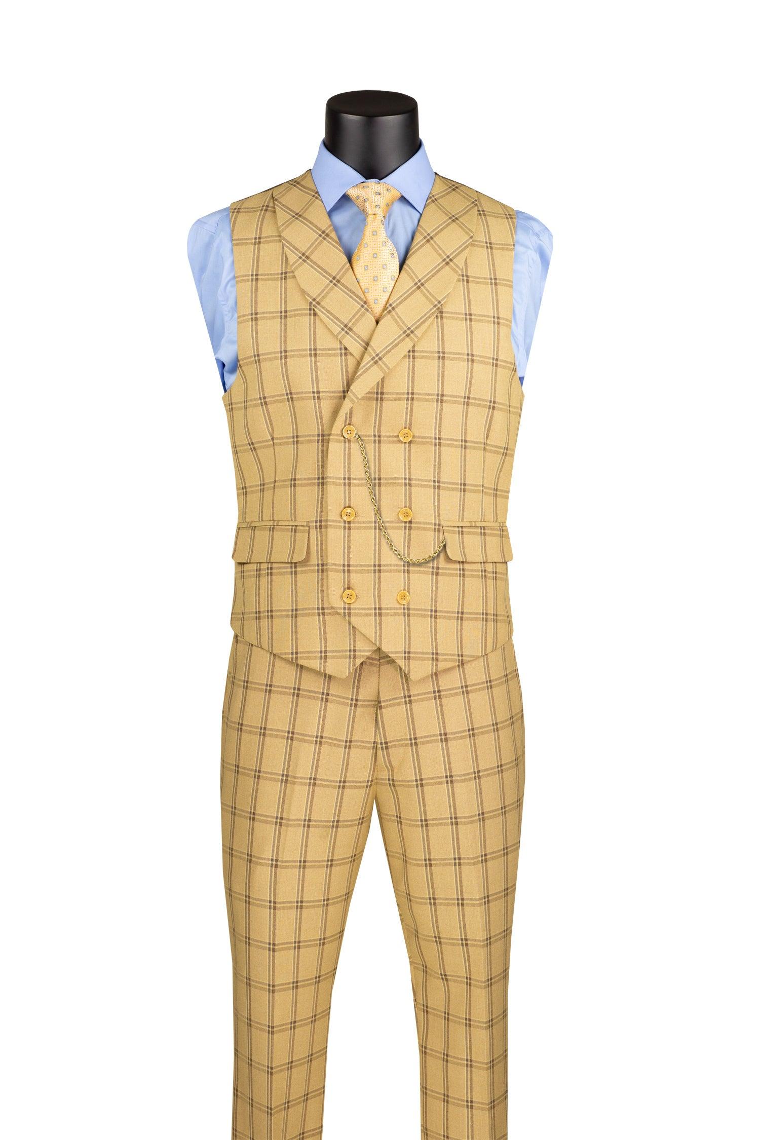 La Scale Collection Men's Windowpane Three-Piece Suit in Tan | Classic Business Formal Attire for Weddings, Office & Special Occasions