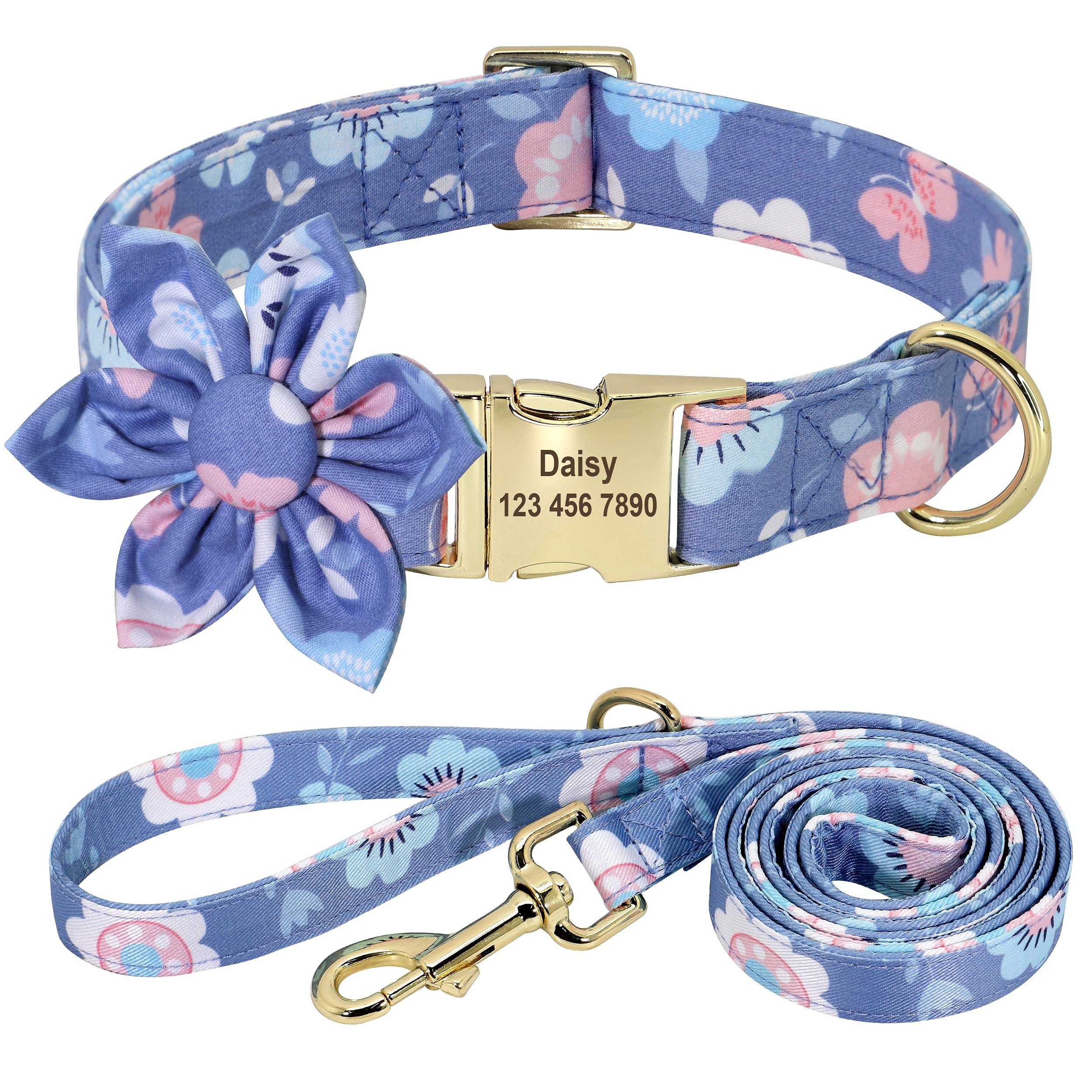 Custom Floral Engraved Dog Collar and Leash Set for Small Female Dogs - Personalized Gold Buckle Pet Accessories with Butterfly Design (XS) - Perfect for Weddings, Photo Shoots & Special Occasions