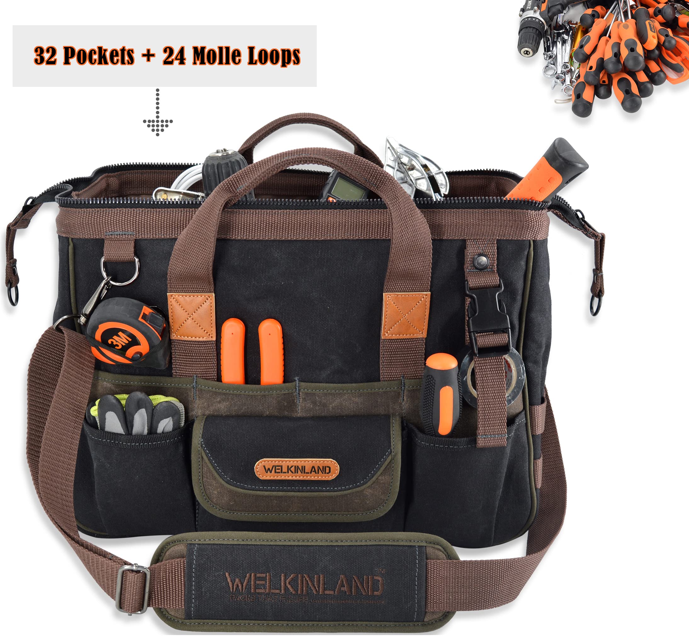 WELKINLAND 32-Pocket Heavy Duty Waxed Canvas Tool Bag - Electrician & HVAC Tools Organizer with 16