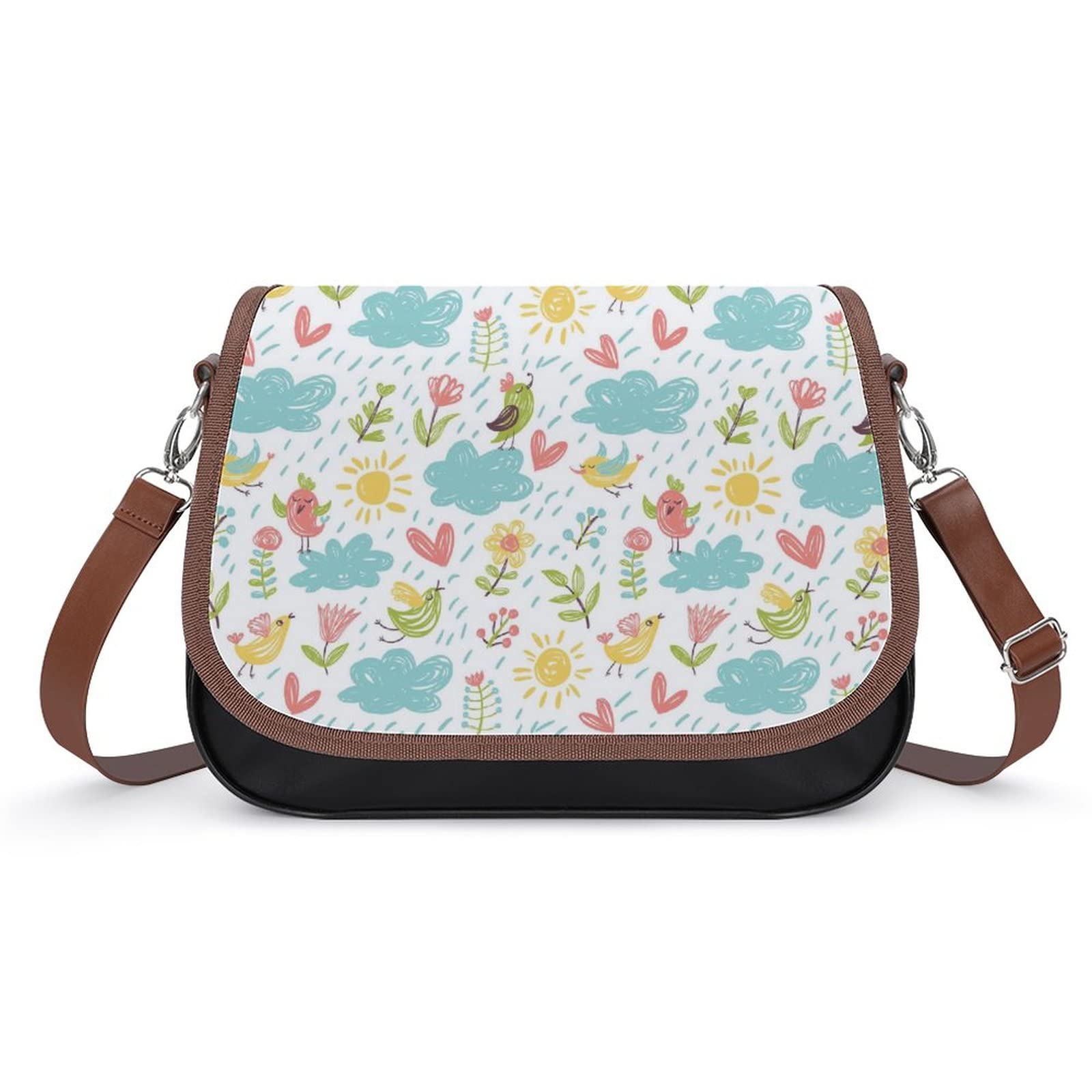 Stylish Women's Leather Crossbody Bag with Printed Flap - Designer Shoulder Messenger Purse Featuring Natural Cartoon Art | Perfect for Work, Travel & Everyday Use