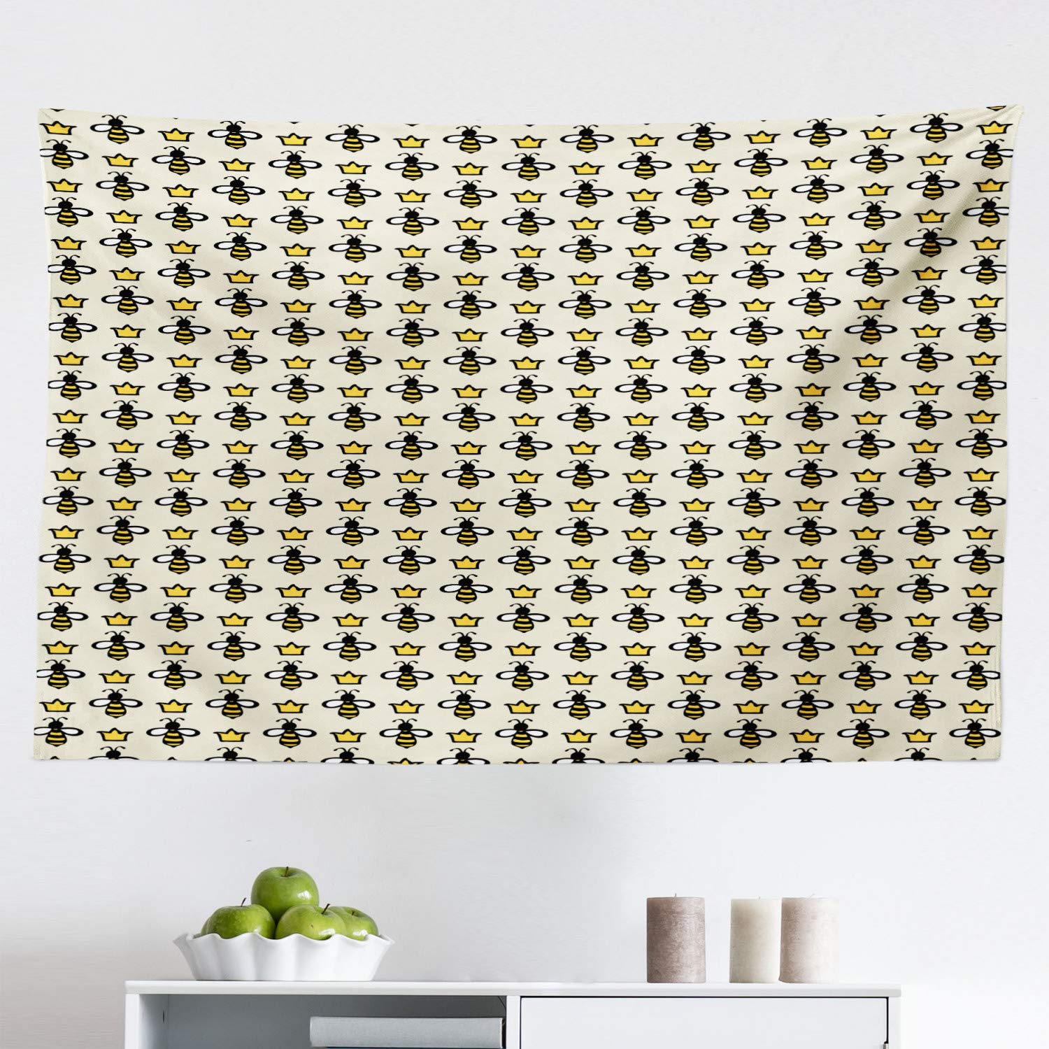 Ambesonne Queen Bee Tapestry Wall Art - Hand-Drawn Cartoon Bees & Crowns Design, 45x30 Inch Fabric Wall Hanging for Bedroom, Living Room, Dorm Decor (Eggshell Mustard) - Perfect for Boho, Farmhouse & Nature-Themed Home Decor