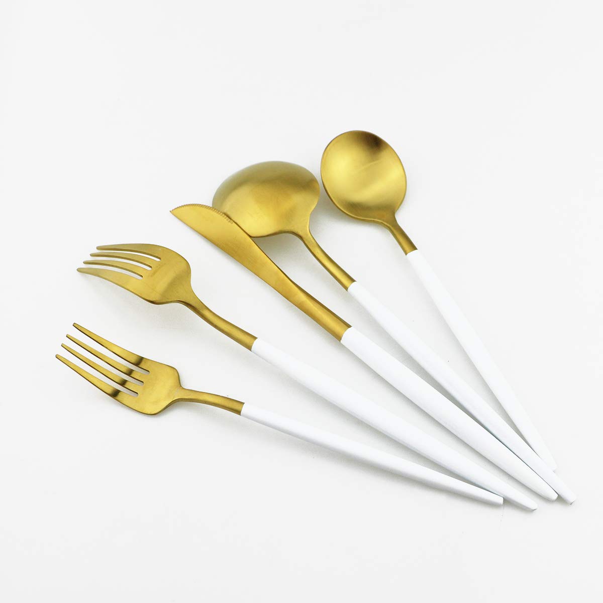 Premium 18/10 Stainless Steel Flatware Set - 5-Piece Matte White Gold Cutlery Set with Forks, Spoons & Knives for Dining, Camping & Travel | Durable Tableware for Home, Picnics & Outdoor Adventures