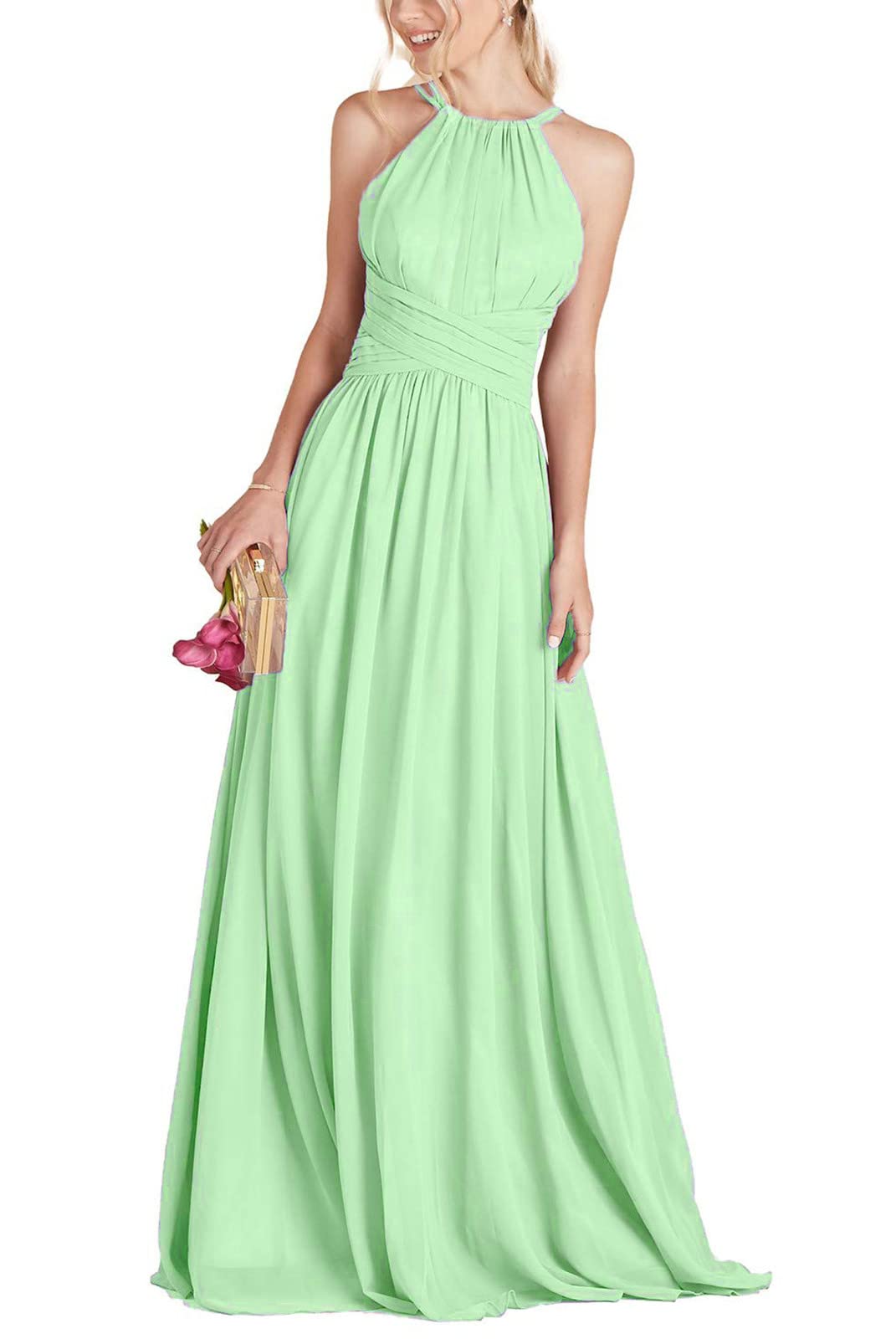 PrettyTatum Women's Halter Neck Bridesmaid Dress - Long Formal Prom Gown with A-Line Pleated Chiffon Skirt | Perfect for Weddings, Parties & Special Occasions