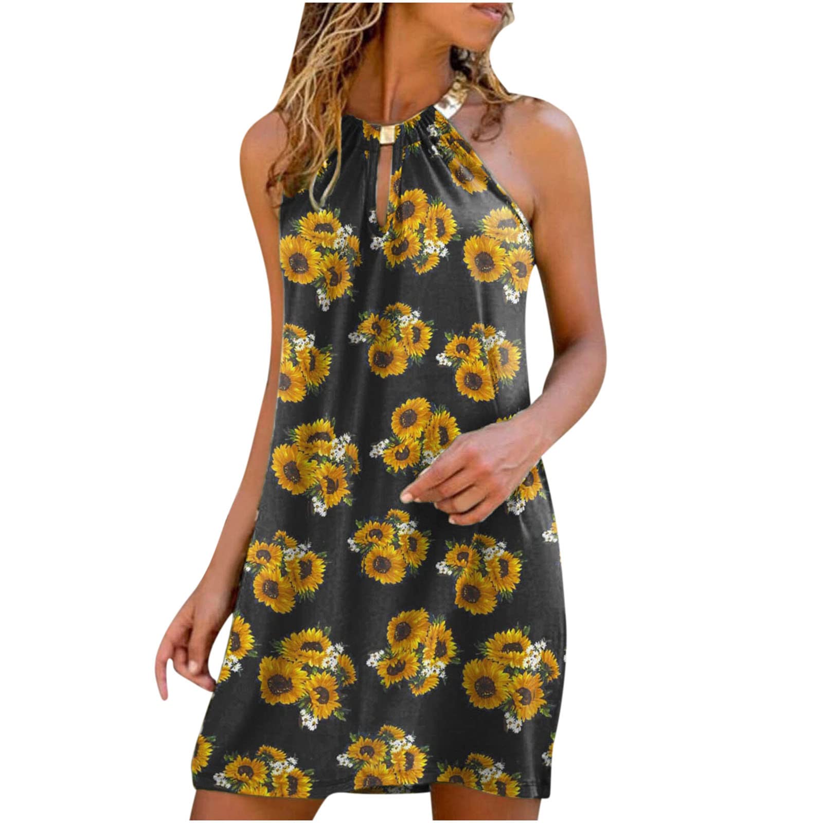 2022 Women's Summer Dresses - Floral Sunflower Print Sexy Halter Strapless Sleeveless Mini Dress for Beach, Party & Vacation | Fashion Casual Wear