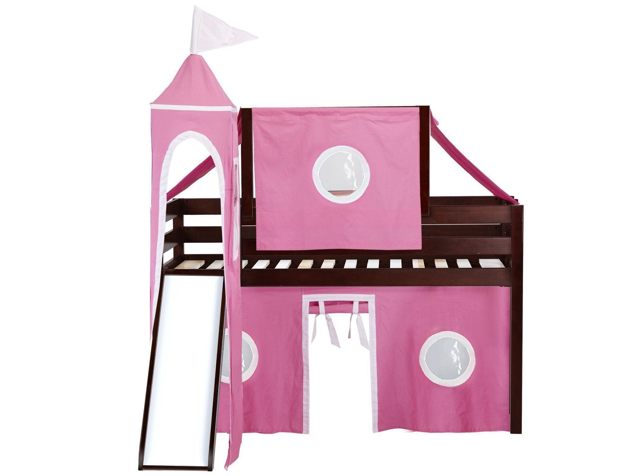 Princess Twin Low Loft Bed with Slide & Pink White Tent - Cherry Wood Finish - Space Saving Kids Bedroom Furniture for Small Rooms & Play Areas