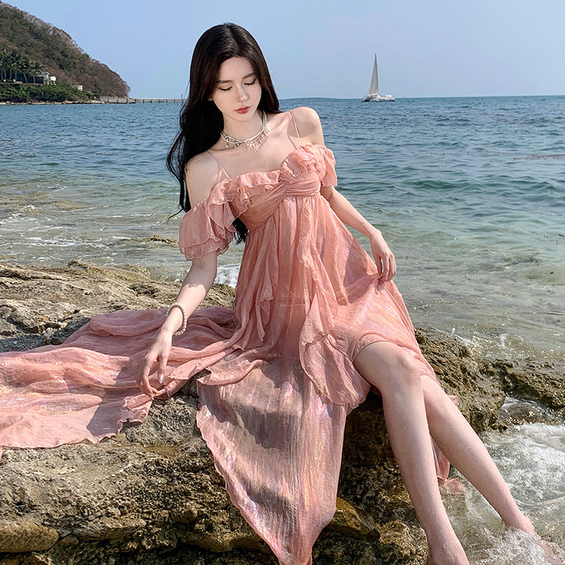 Elegant French Fairy Ruffles Long Dress - Off Shoulder Thin Strap Summer Maxi Dress for Women | Perfect for Beach Vacations, Weddings & Date Nights