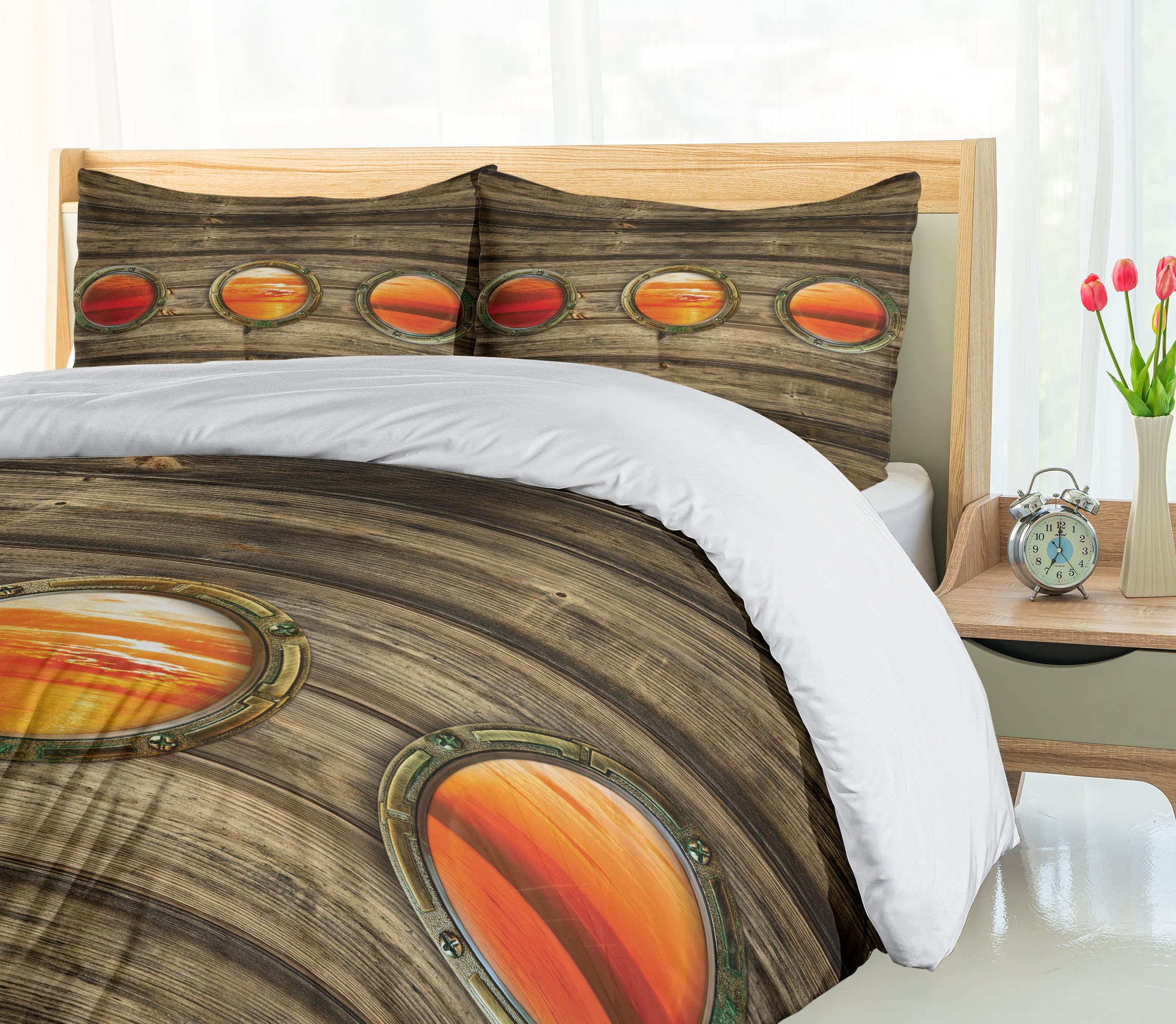 Ambesonne Nautical Duvet Cover Set - King Size 3 Piece Bedding with Rustic Wooden Ship Design, Orange Ocean Sunset Scenes & Oval Windows - Includes 2 Pillow Shams - Perfect for Coastal, Beach House or Sailor Themed Bedroom Decor