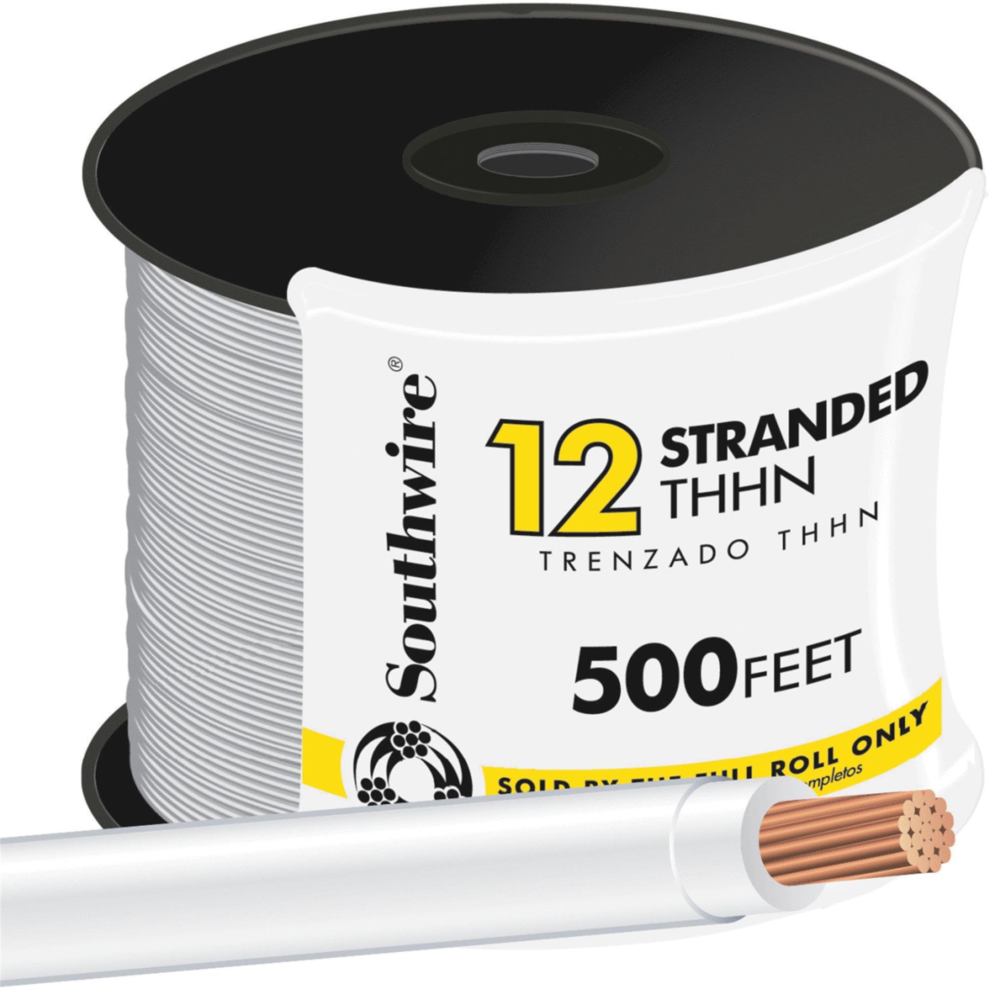 Southwire 12 Gauge Stranded Copper Building Wire - 1 Conductor, 20 Amp, 600V, 90°C, 500ft White - Ideal for Residential Wiring, Electrical Projects & DIY Installations