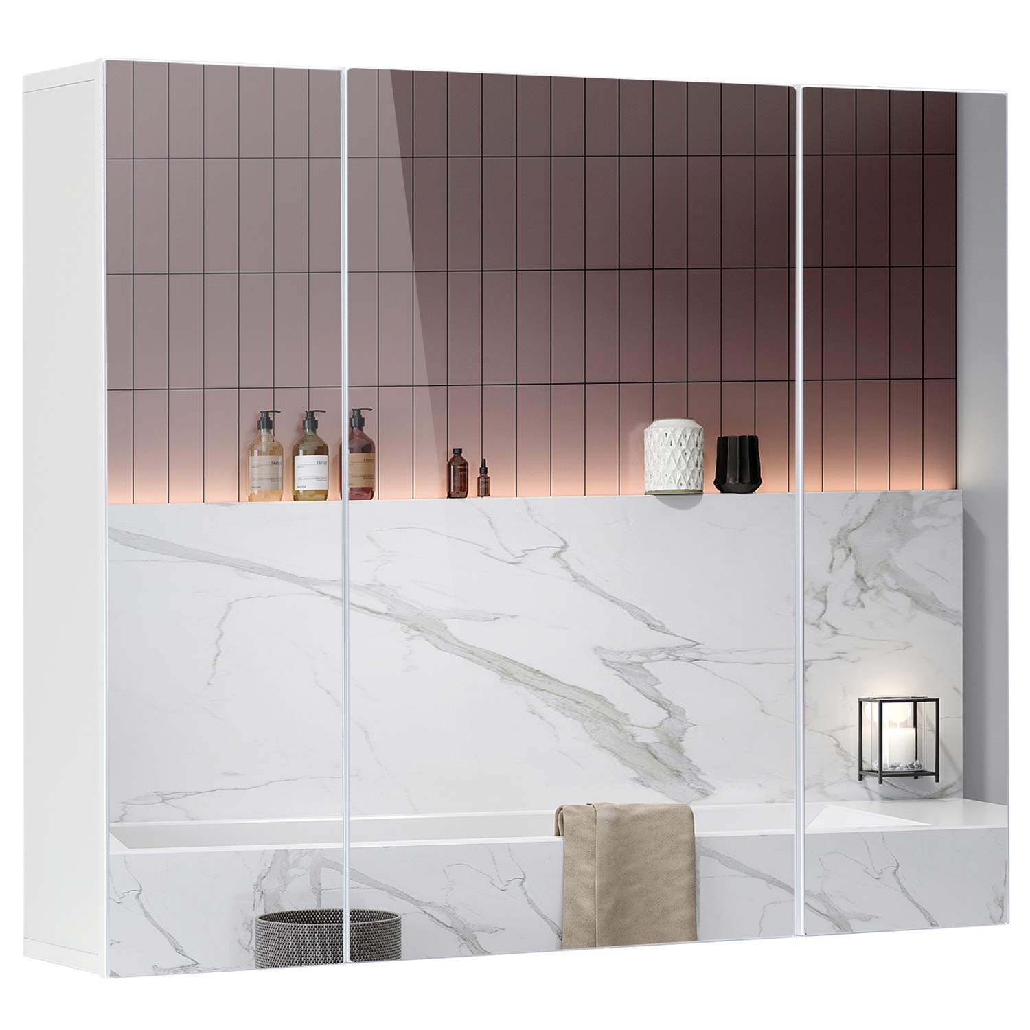 DICTAC 3-Door Medicine Cabinet with Mirror - 27.6x23.62 Inch Bathroom Wall Storage Organizer, Adjustable Shelves, White - Perfect for Bathroom, Bedroom & Vanity Organization