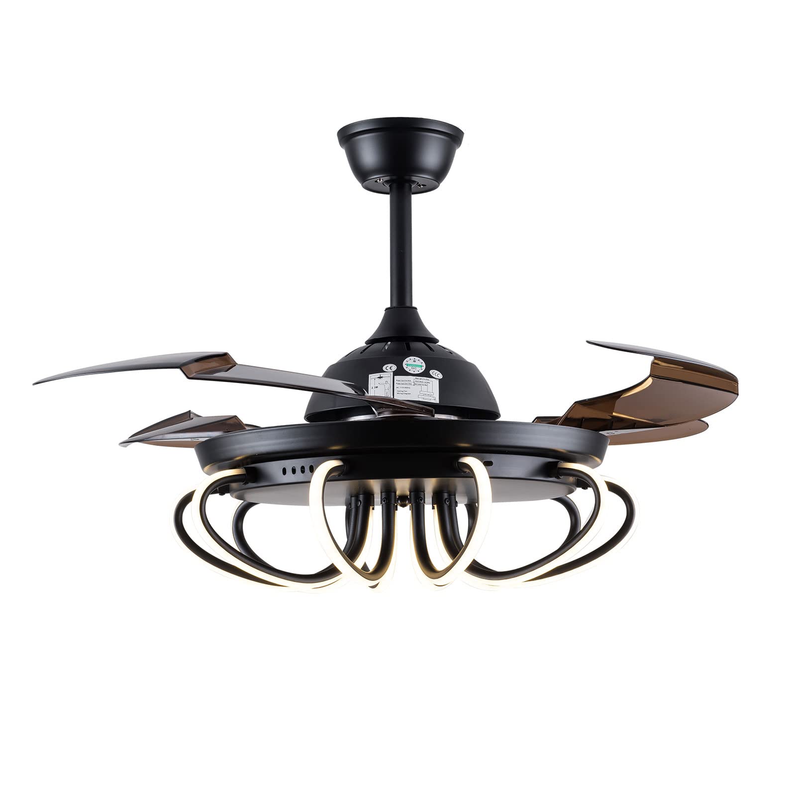 Retractable Invisible Ceiling Fan with LED Lights & Remote - 36W Modern Fandaliers Chandelier, 3 Light Modes, Ultra Silent | Perfect for Bedroom, Living Room & Office Spaces