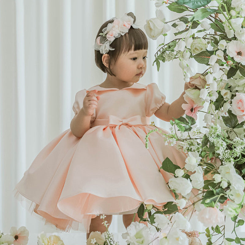 Pink Satin Princess Flower Girl Dress with Collar & Puff Sleeves - Perfect for Weddings, Birthday Parties & Special Occasions