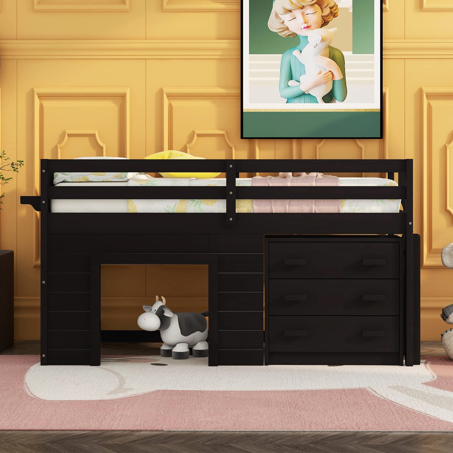 Twin Loft Bed with Storage Drawers & Cabinet - Low Loft Bed Frame with Bedside Tray - Wooden Farmhouse Style Loft Bed for Kids, Teens, Boys & Girls - Espresso Finish - Perfect for Small Bedrooms, Dorm Rooms & Space-Saving Kids' Rooms