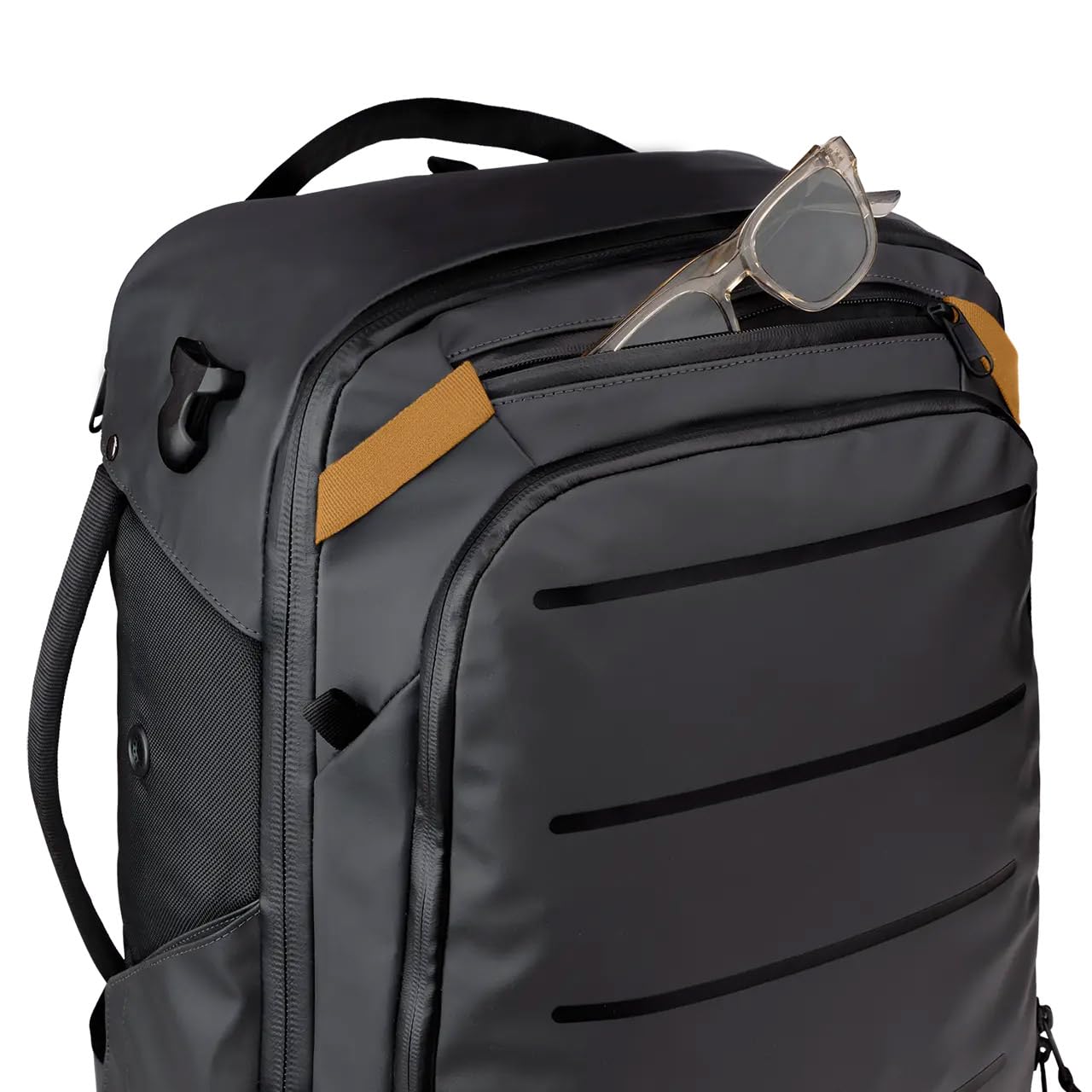 40L Travel Backpack - Waterproof Carry On Backpack with Detachable Organizer & Magnetic Bottle Pocket - Laptop & Passport Compartment - Convertible Ski Boot Bag for Air Travel, Hiking, Snowboarding (Black/Gold)