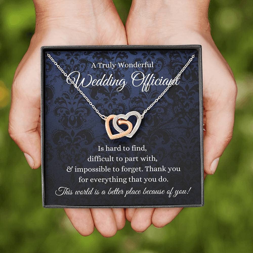 Handmade Personalized Message Card Jewelry - Interlocking Hearts Necklace for Wedding Officiant Gift (White, Gold, Custom Size) | Perfect for Ceremonies, Anniversaries & Special Occasions