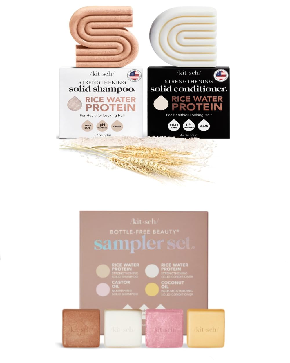 Kitsch 4-Piece Hair Care Sampler Set with Rice Water Shampoo & Conditioner Combo | Natural Hair Growth & Repair | Perfect for Damaged Hair, Dry Scalp & Daily Hair Care Routine