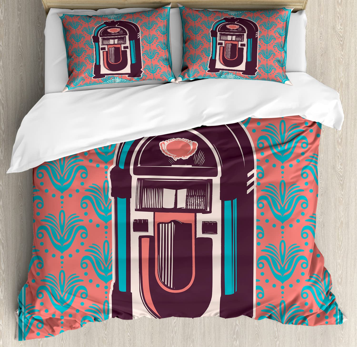 Ambesonne Jukebox Duvet Cover Set - Floral Paisley Music Box Retro Party Print Bedding | 2 Duvet Covers + 4 Pillowcases | 2-Pack California King Size in Dried Rose Turquoise | Perfect for Vintage Themed Bedrooms & Music Lover's Home Decor