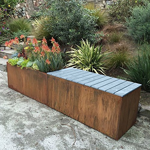 Rustic Corten Steel Planter Bench Trough - Modern Garden Seating with Built-in Planter Box for Outdoor Patio, Deck, or Backyard Decor