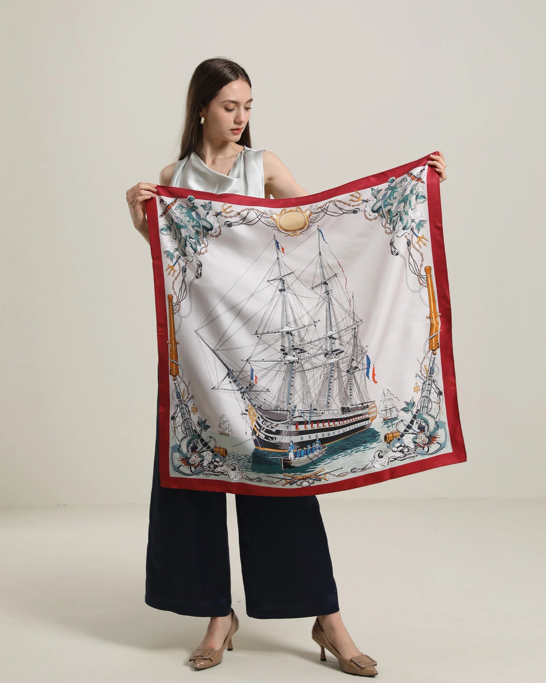 Elegant Silk Scarf with Nautical Boat Design - Perfect for Women's Fashion Accessories, Office Wear and Travel Outfits