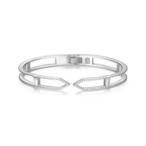 Elegant ELLE ART DECO Rhodium Plated Cubic Zirconia Cuff Bangle Bracelet - 6.75 Inch Adjustable Wrist Jewelry for Women, Perfect for Parties, Weddings & Evening Events