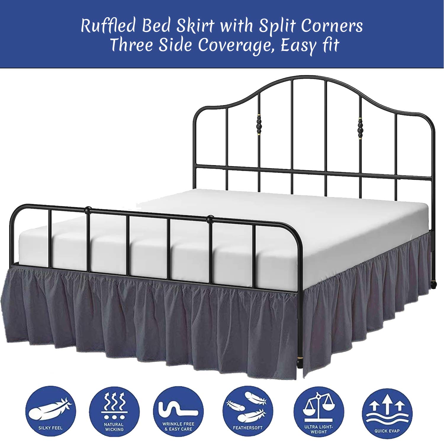 Elegant Ruffled Bed Skirt with Split Corners - 3-Side Coverage Queen Size 18