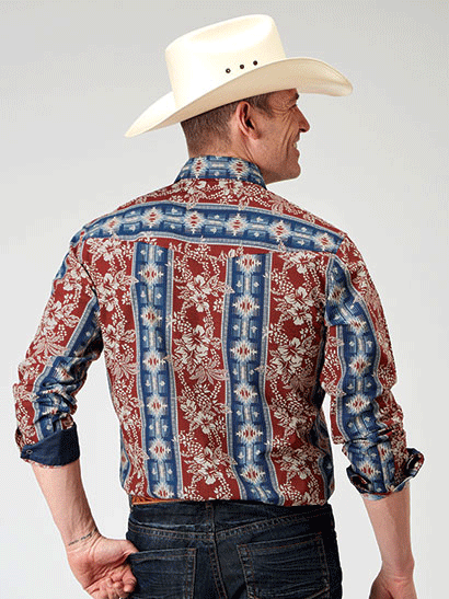 Roper Men's Long Sleeve Aztec Print Casual Shirt - Red Plaid Western Style Button Up Shirt for Cowboy, Ranch, Rodeo & Outdoor Activities