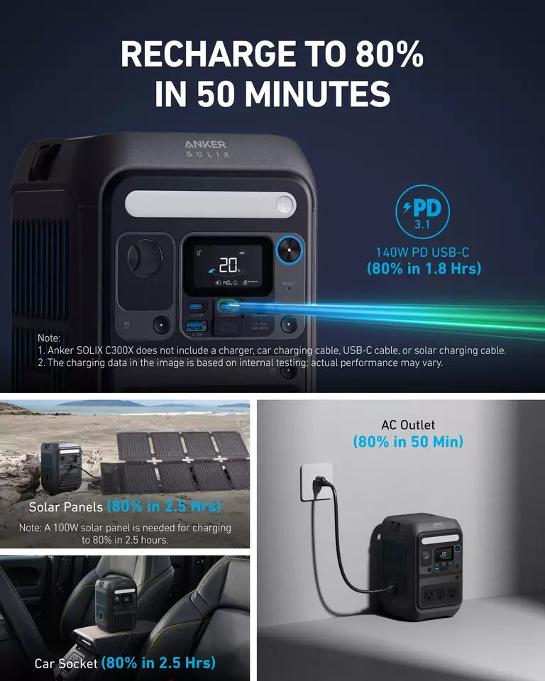 Anker SOLIX C300X 288Wh 300W Portable Power Station - Perfect for Camping, Outdoor Adventures & Emergency Power Backup