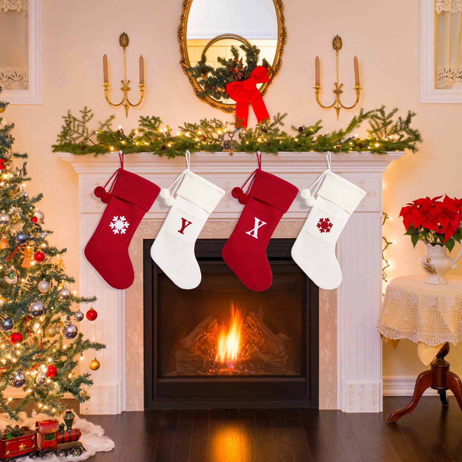 Personalized Knitted Christmas Stockings with Monogram Initials - 16.5 Inch Custom Xmas Stockings for Fireplace Hanging (26 Letters Available) - Perfect for Family Holiday Decorations, Christmas Party Gifts & Cozy Winter Home Decor (White)