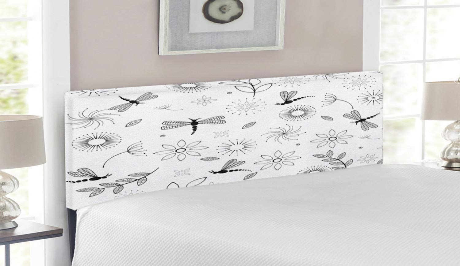 Ambesonne Bohemian Dragonfly Headboard - Queen Size Upholstered Metal Bed Frame with Memory Foam, Black & White Butterfly Floral Design for Bedroom Decor | Perfect for Master Bedroom, Guest Room & Bohemian Style Home Decor