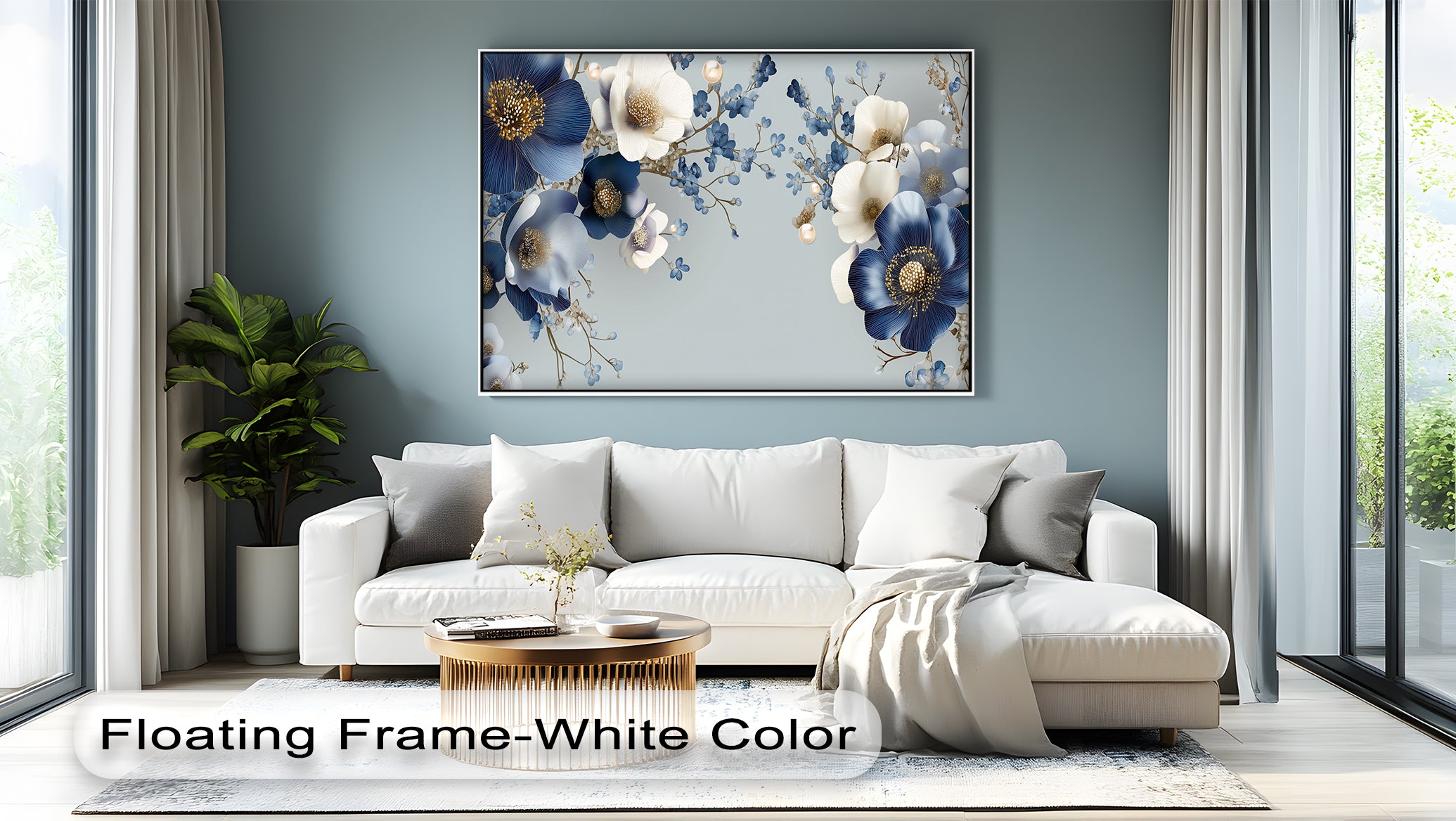 Blue and Ivory Floral Fantasy with Pearls Canvas Wall Art - Elegant Home Decor for Living Room, Bedroom & Office