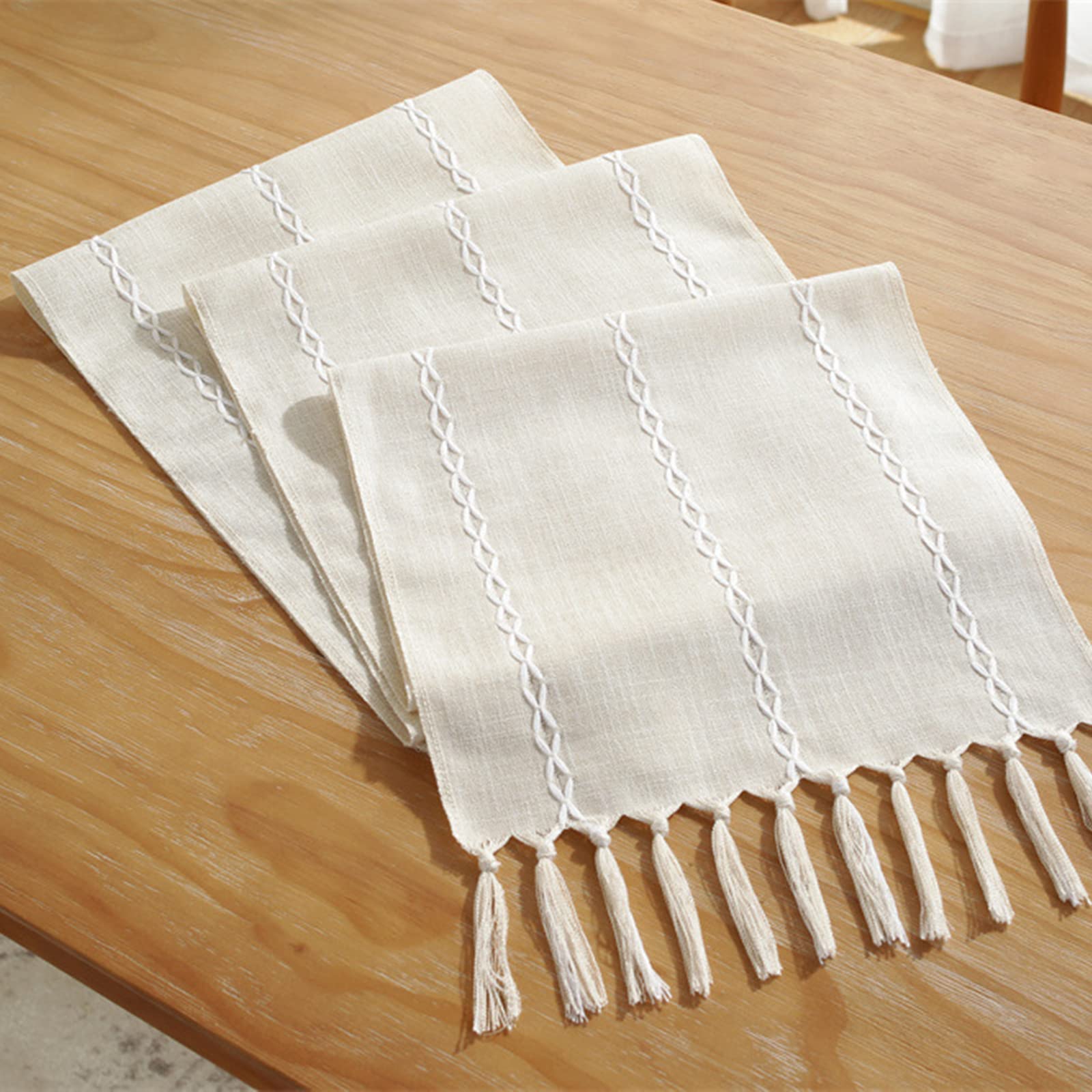 Jeloris Braided Striped Table Runner - Farmhouse Cotton Linen Tablecloth with Tassels - 12x108 Inch Cream Table Decor for Christmas, Parties, Dinner & Kitchen - Perfect for Holiday Gatherings, Birthday Celebrations & Home Decor