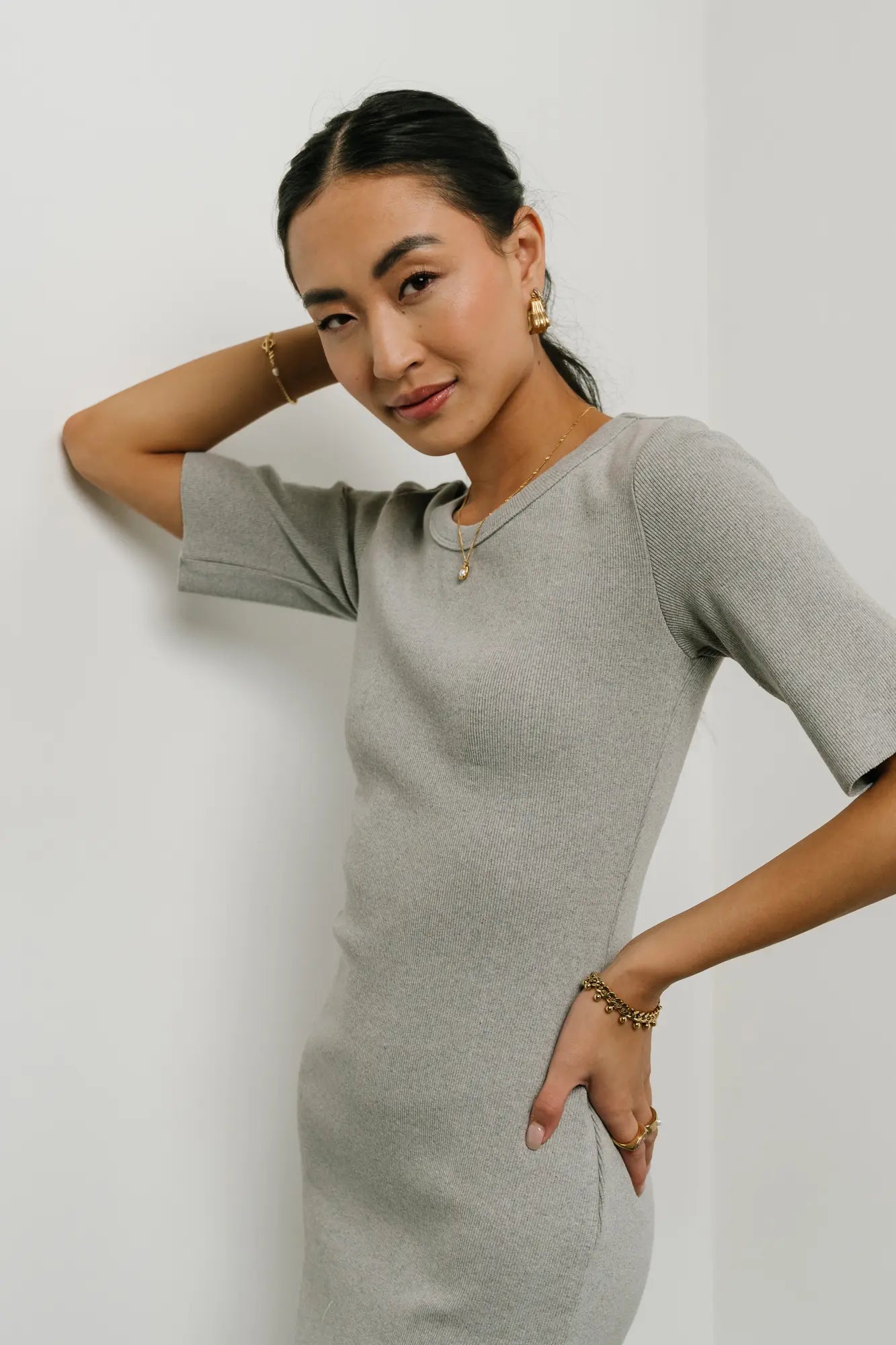 Lori Ribbed Dress in Grey - Women's Slim Fit Knit Midi Dress for Casual & Office Wear | FINAL SALE